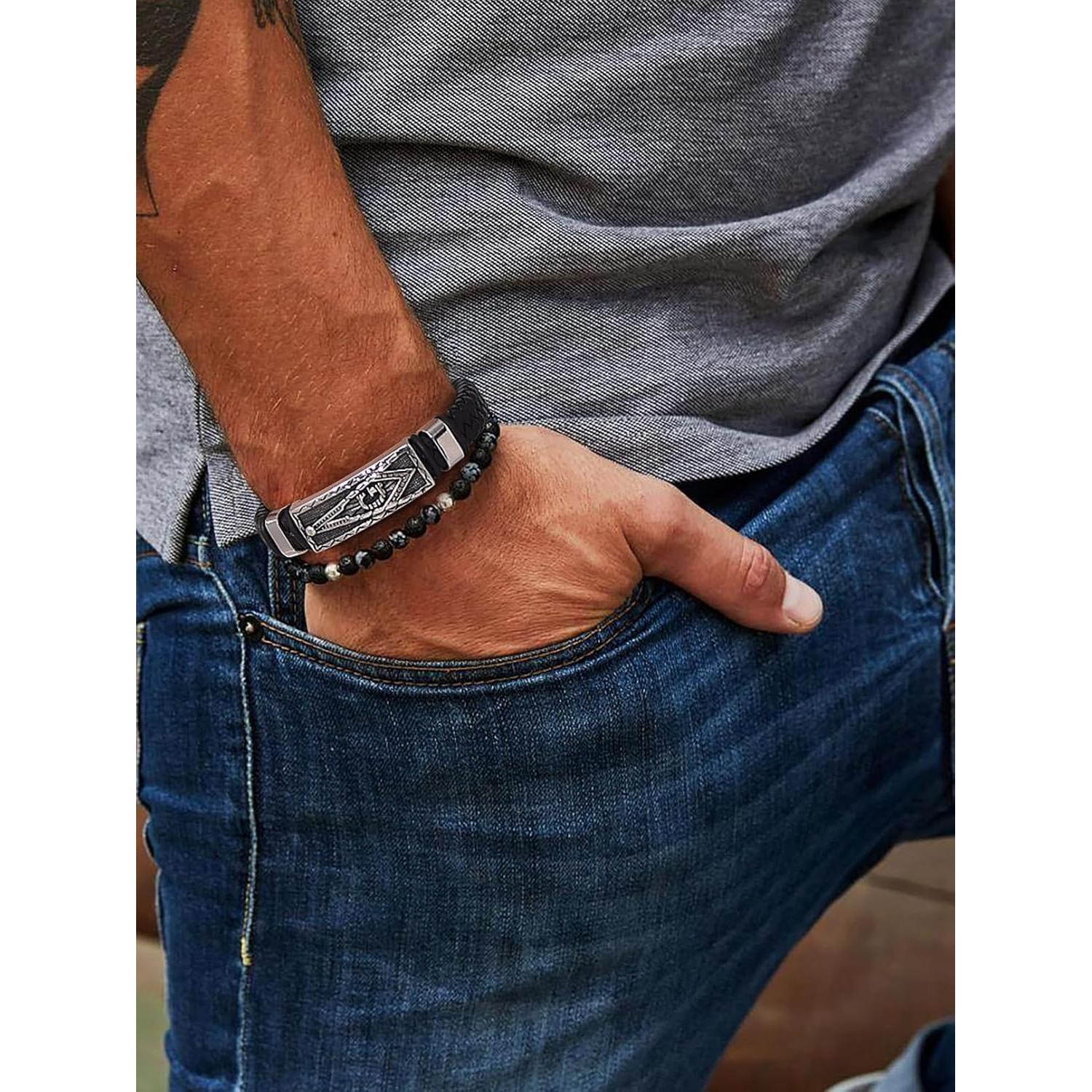 Pulsera de Cuero Trenzado Negra para Hombre Bandmax con Colgante Masónico