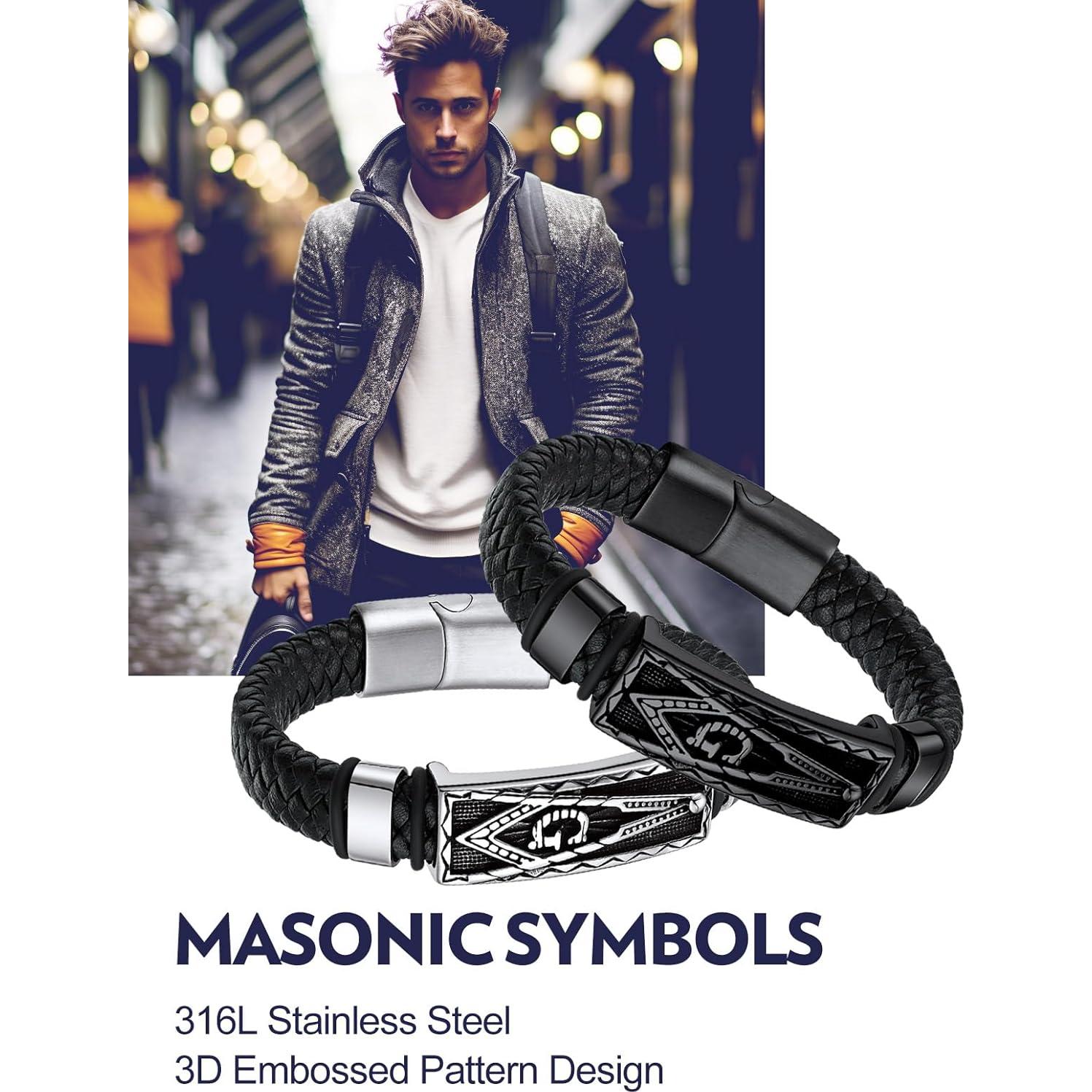 Pulsera de Cuero Trenzado Negra para Hombre Bandmax con Colgante Masónico