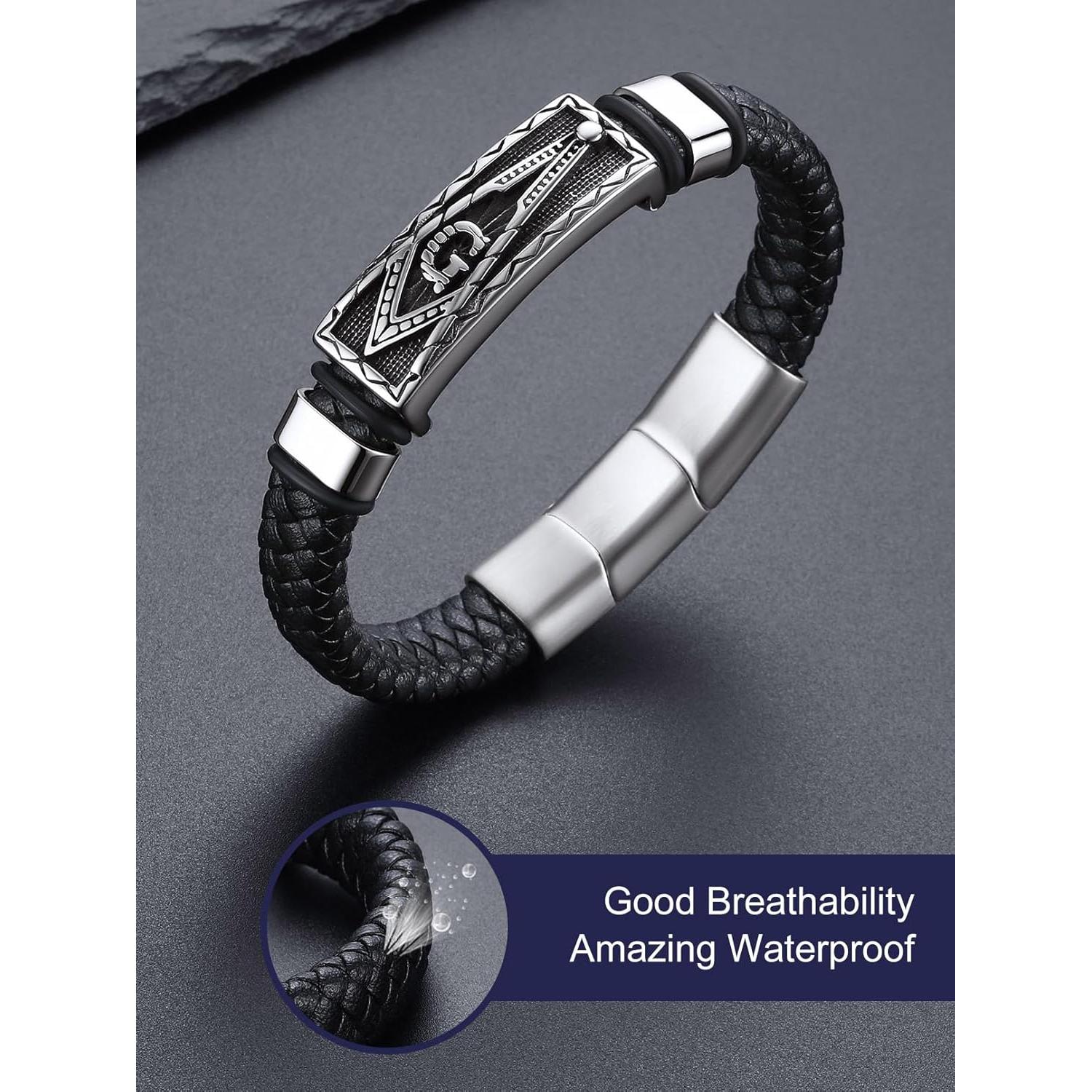 Pulsera de Cuero Trenzado Negra para Hombre Bandmax con Colgante Masónico