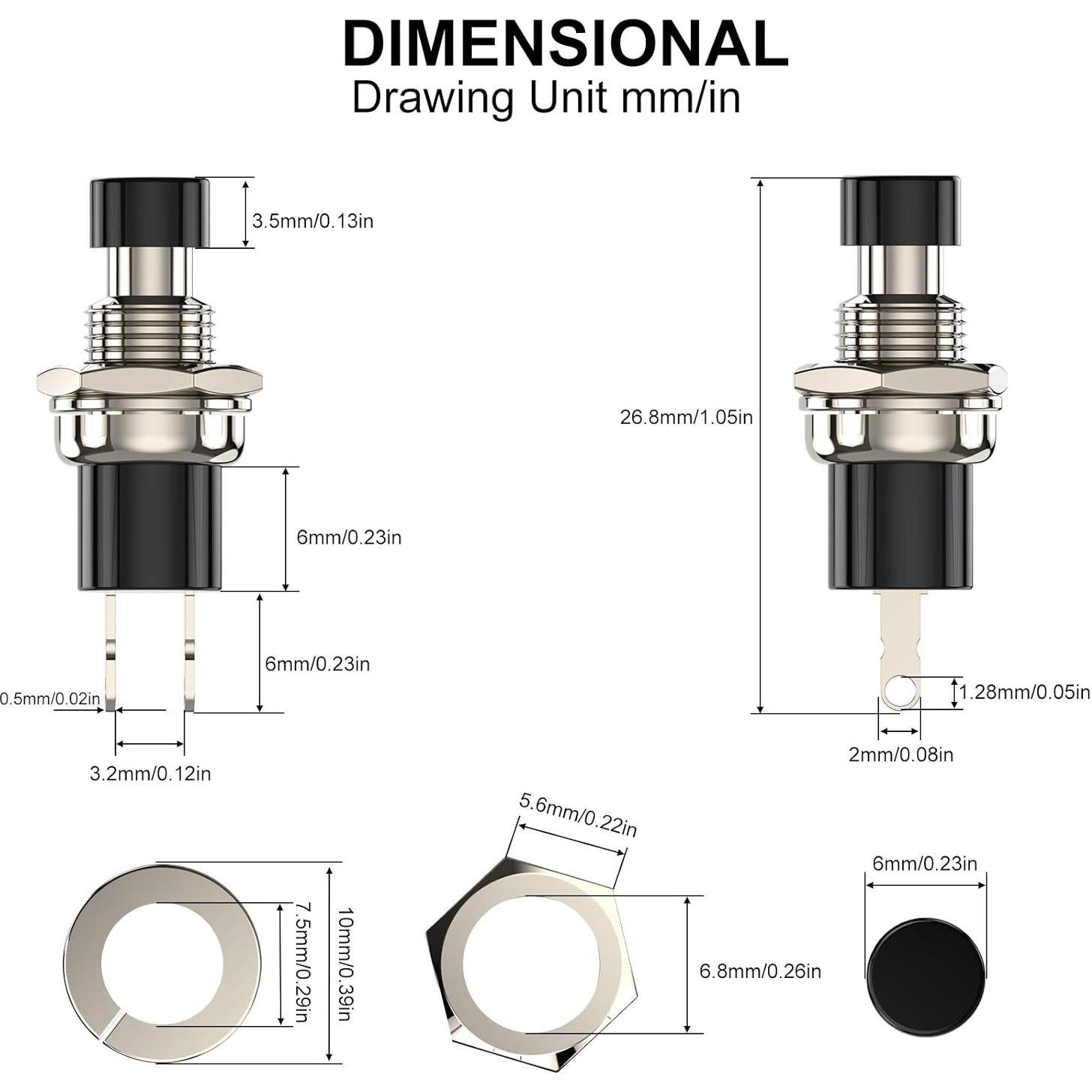 Interruptor de Botón Momentáneo DIYhz NC 10pcs 250V 1A