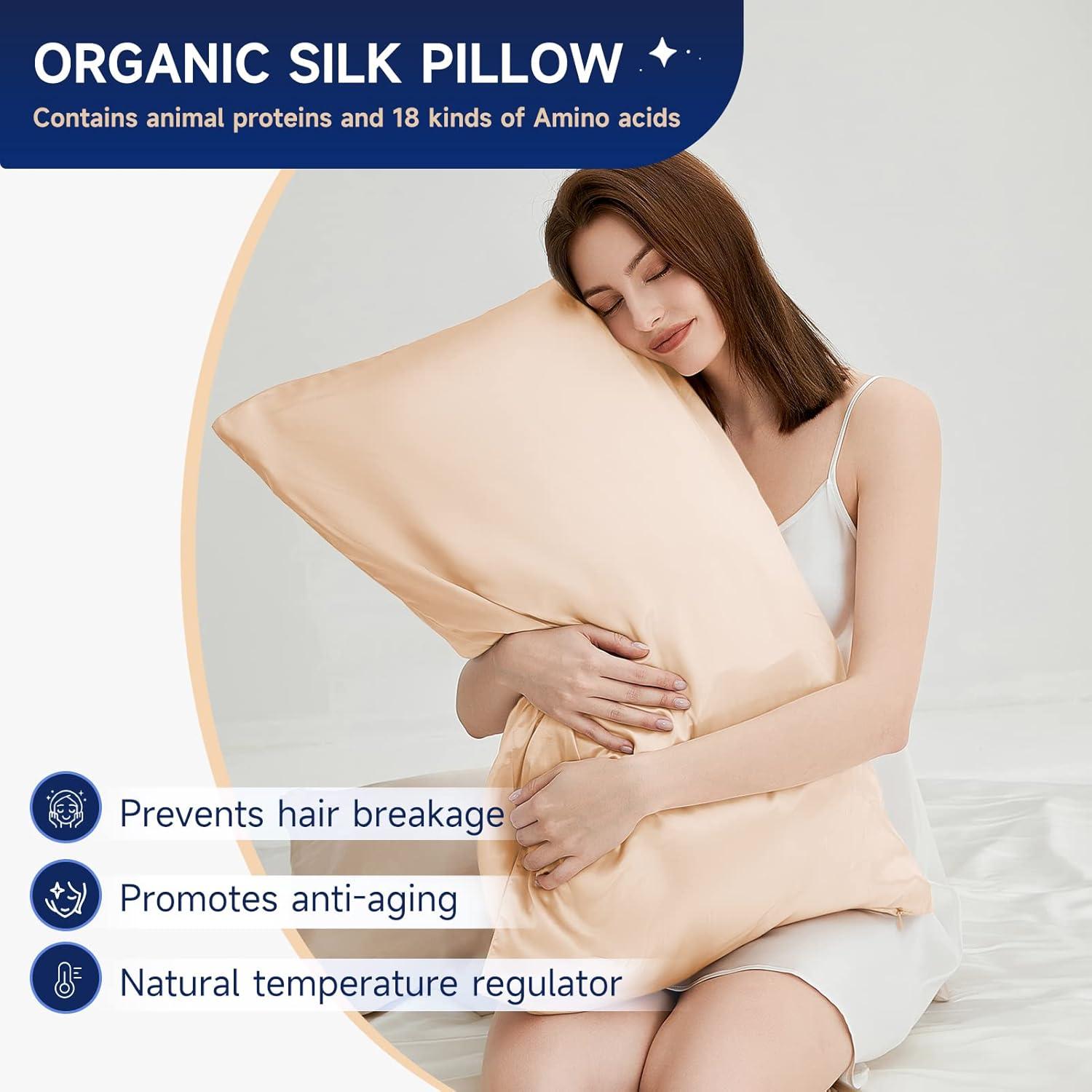 Funda de Almohada de Seda THXSILK 25 Momme Estándar 20x66 cm Beige