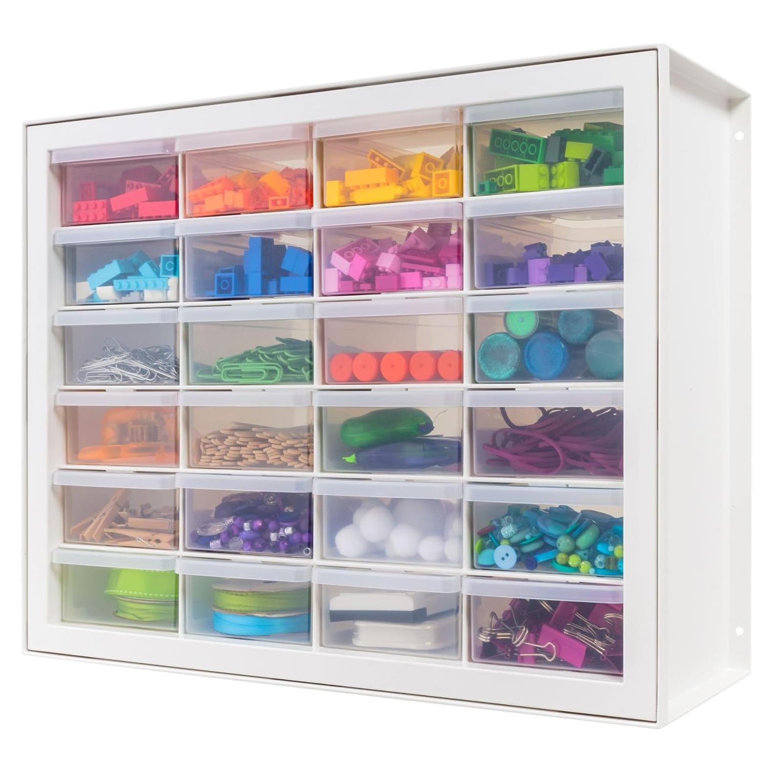 IRIS USA Plastic Drawer Storage Organizer, 24-Drawer Teacher Toolbox Bead Small Parts Organizer Cabinet for Hardware Crafts Nuts Bolts Tools Sticker Home Business Scrapbook Art Hobby Garage - White