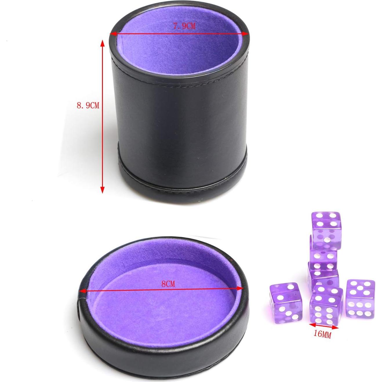 Copa de Dados de Cuero PU con Tapa y 6 Dados Translúcidos