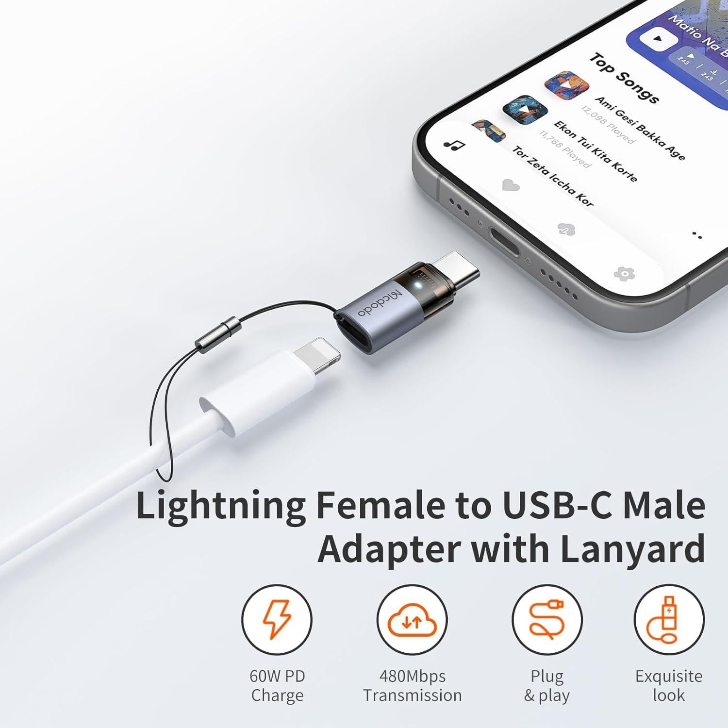 Adaptador Lightning a USB-C Mcdodo 60W Carga Rápida PD