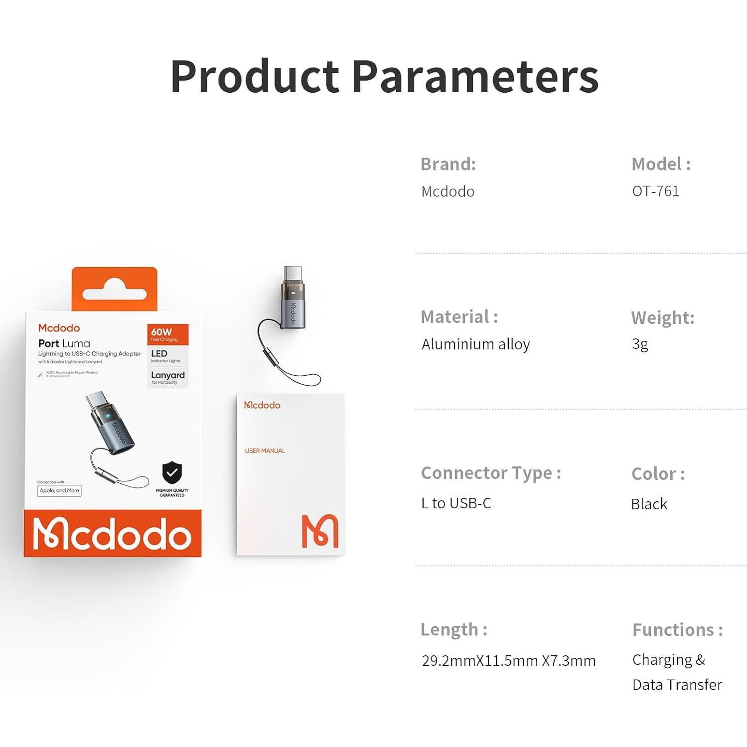 Adaptador Lightning a USB-C Mcdodo 60W Carga Rápida PD