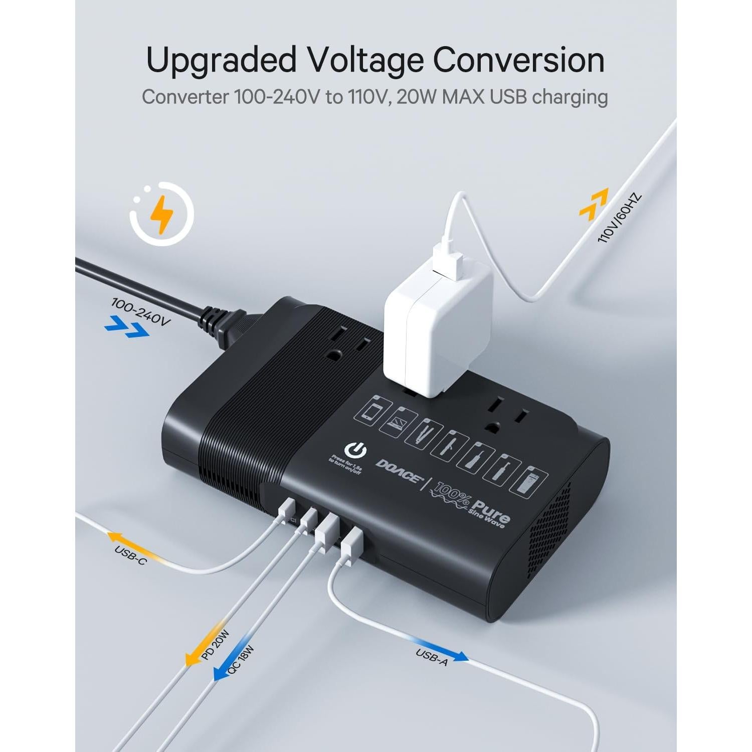Convertidor de Voltaje DOACE 220V a 110V 500W Onda Sinusoidal Pura