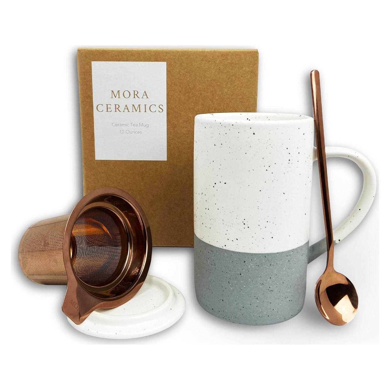 Taza de Té Cerámica Mora con Infusor y Tapa 355 ml Yeso