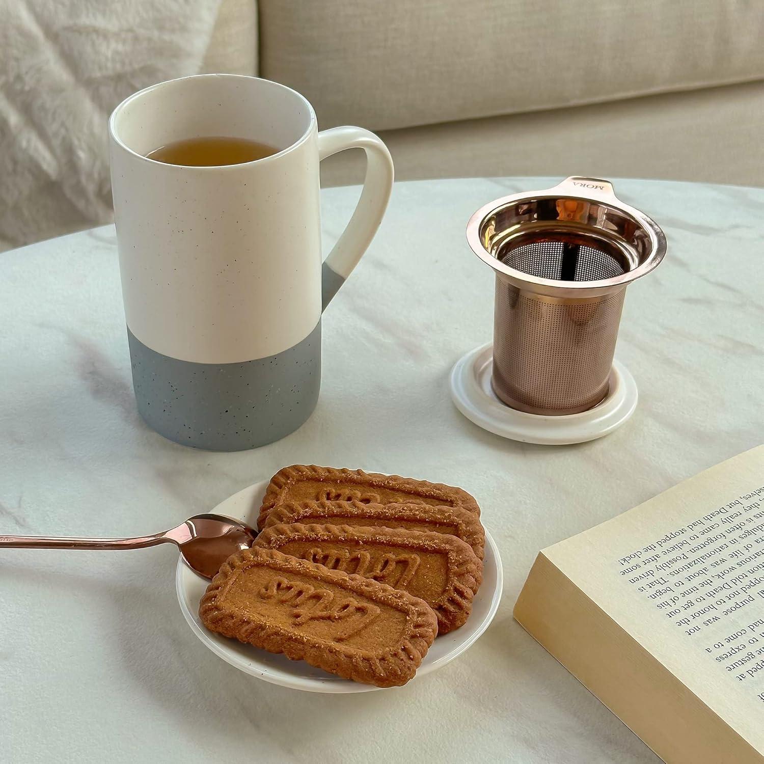 Taza de Té Cerámica Mora con Infusor y Tapa 355 ml Yeso