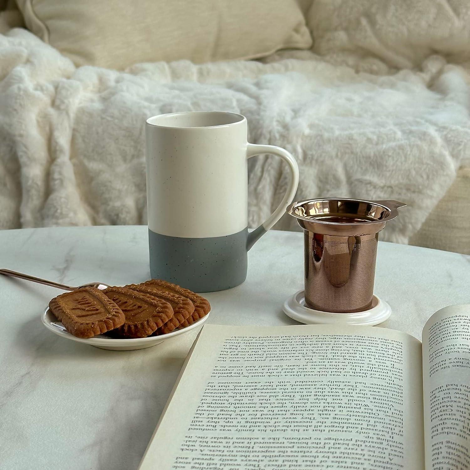 Taza de Té Cerámica Mora con Infusor y Tapa 355 ml Yeso