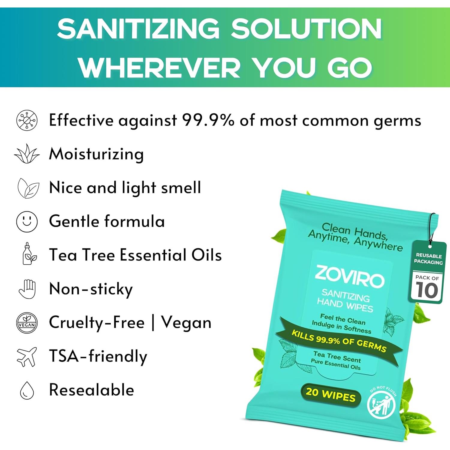 Toallitas Desinfectantes Zoviro, Aroma a Árbol de Té, 20 Unidades