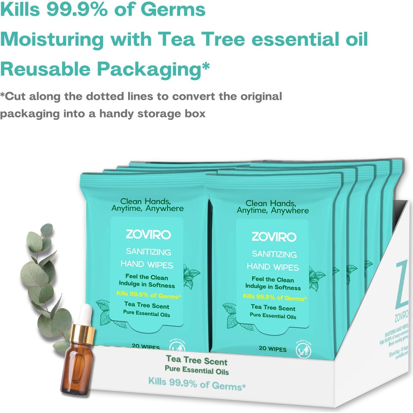 Toallitas Desinfectantes Zoviro, Aroma a Árbol de Té, 20 Unidades
