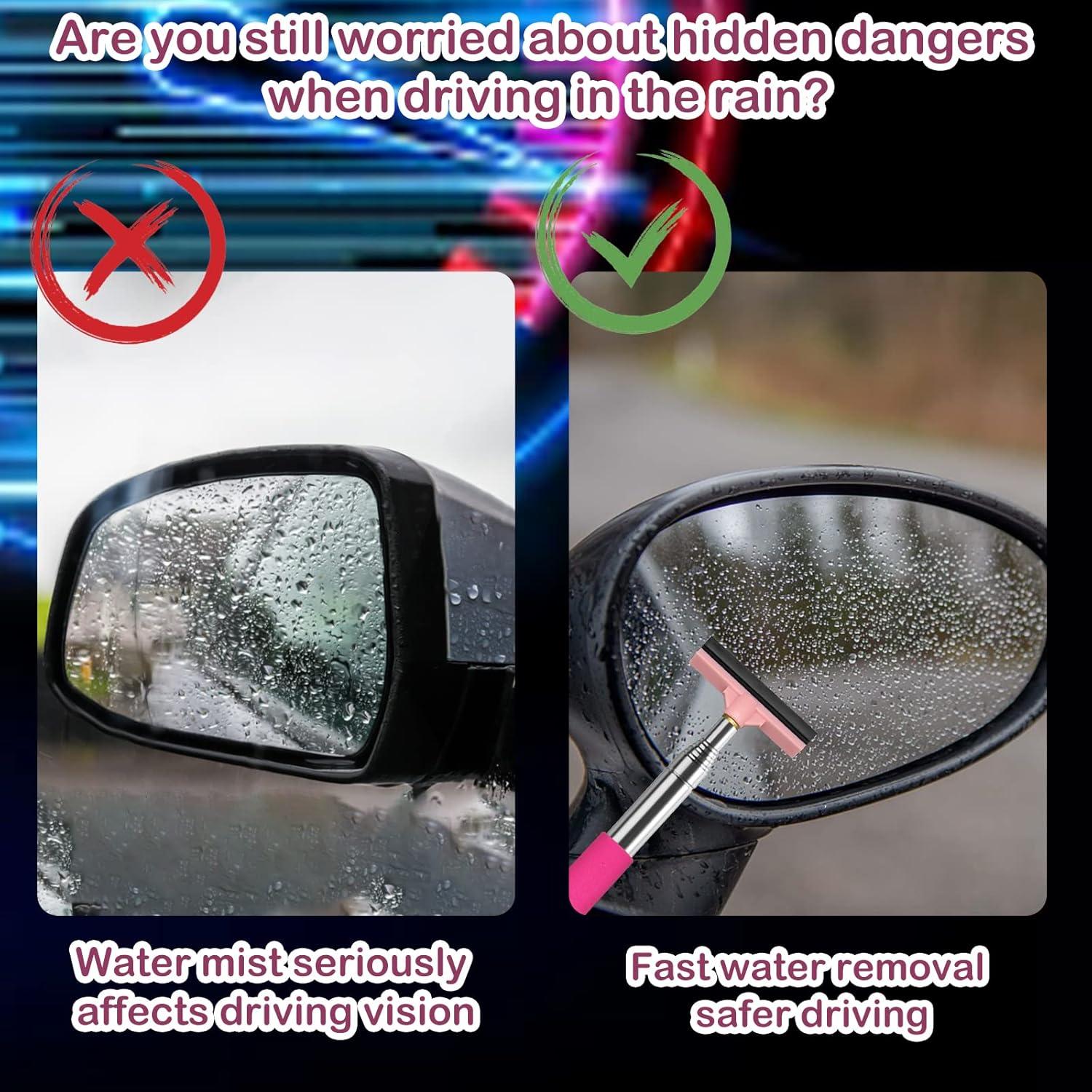 Car Rearview Mirror Wiper, Retractable Window Squeegee, Small Auto Squeegee Cleaner Water Side Mirror Wiper with Telescopic Long Handle, Snow Brush & Ice Scraper Car Accessories Cleaner Tool（Pink）