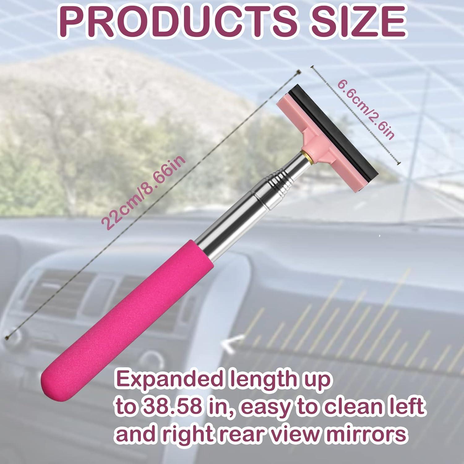 Car Rearview Mirror Wiper, Retractable Window Squeegee, Small Auto Squeegee Cleaner Water Side Mirror Wiper with Telescopic Long Handle, Snow Brush & Ice Scraper Car Accessories Cleaner Tool（Pink）