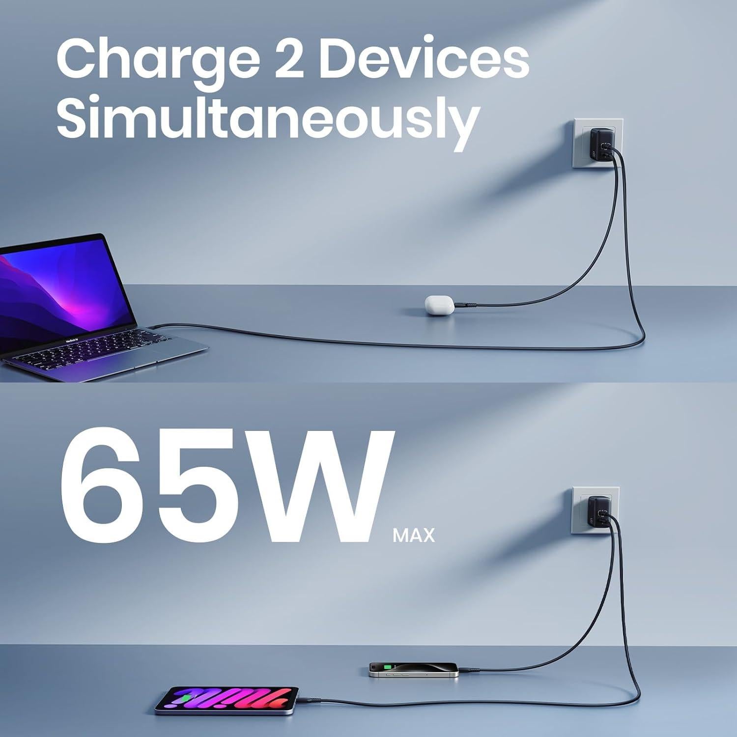 Cargador USB-C INIU 65W Doble Puerto Carga Rápida Negro
