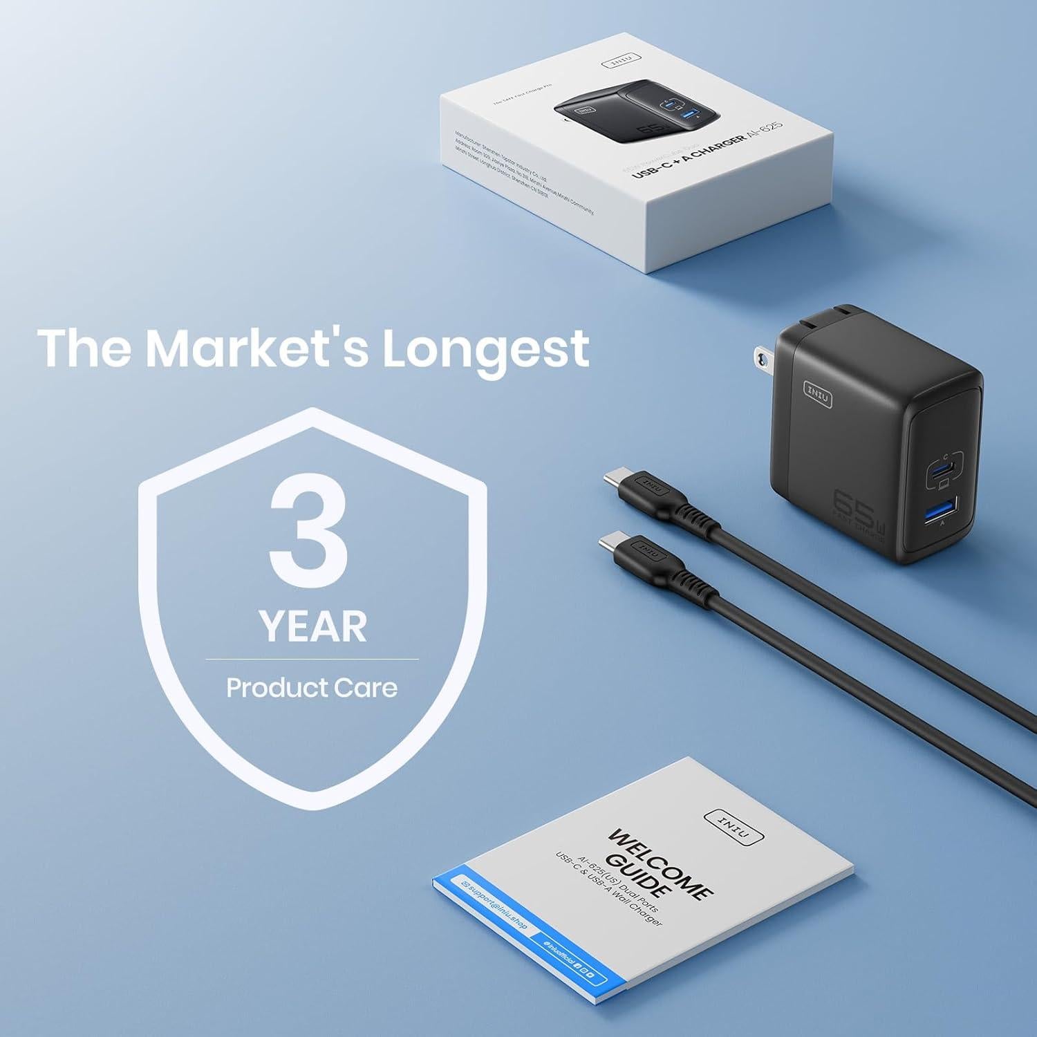 Cargador USB-C INIU 65W Doble Puerto Carga Rápida Negro