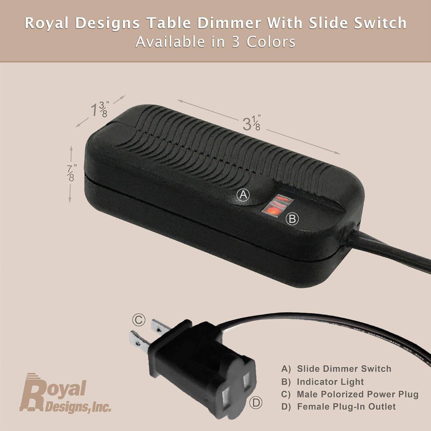 Regulador de Lámpara Enchufable Royal Designs TD-2002, Negro, Paquete de 2