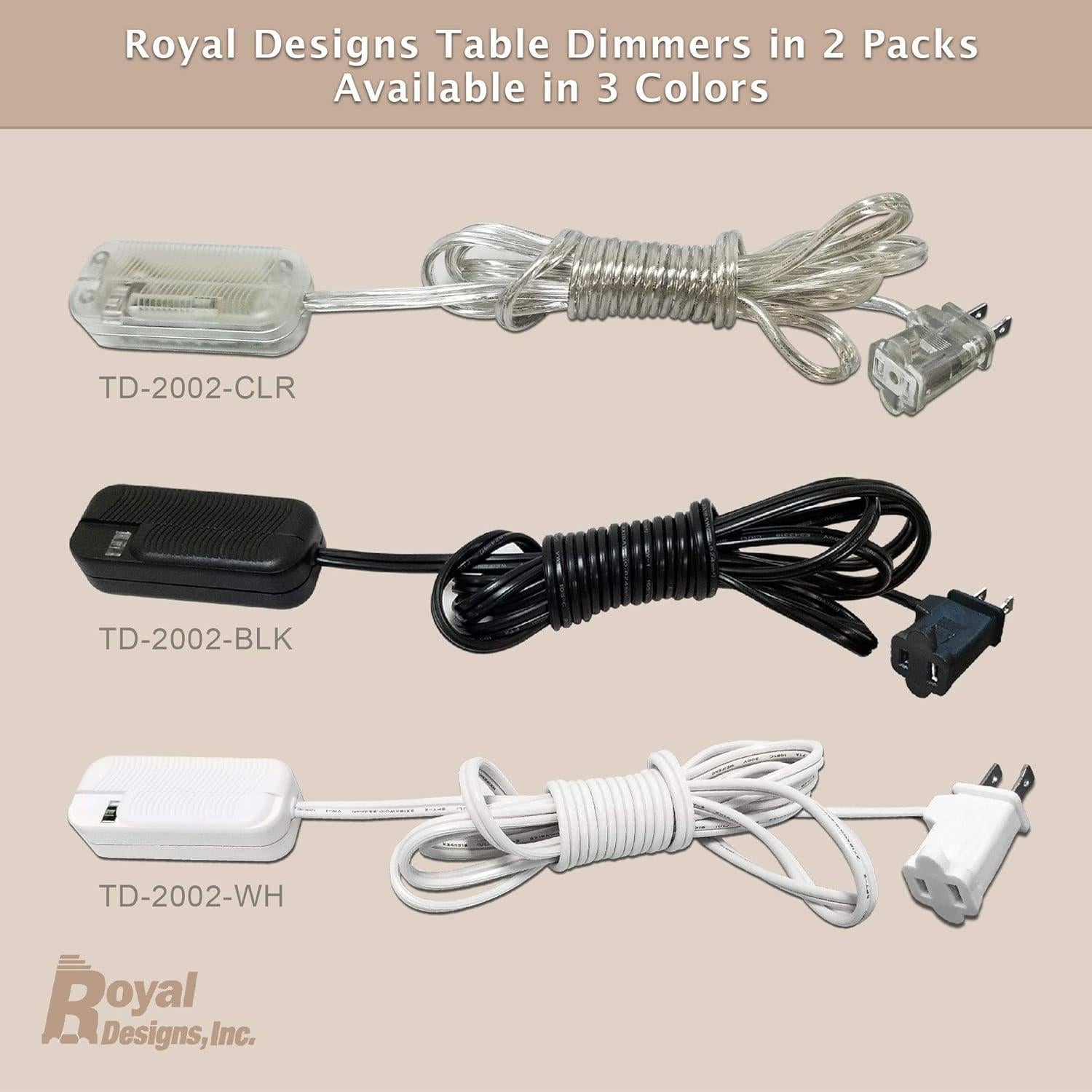 Regulador de Lámpara Enchufable Royal Designs TD-2002, Negro, Paquete de 2