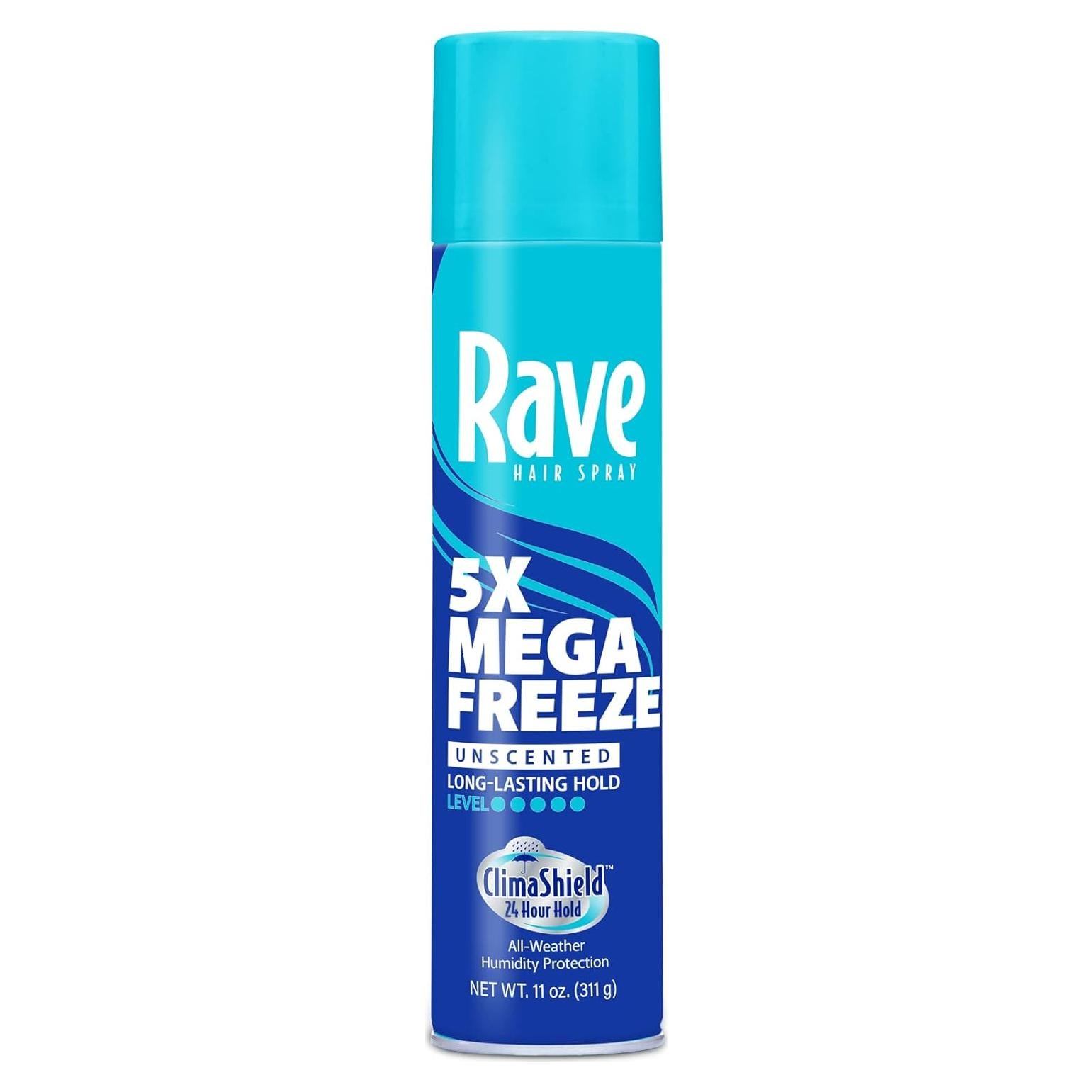 Unscented Aerosol Hairspray by Rave - 5X Freeze Hair Spray for Heat Protection, Volume and Shine - ClimaShield for Extra Humidity and Long Lasting Firm Hold - Minimizes Frizz and Static