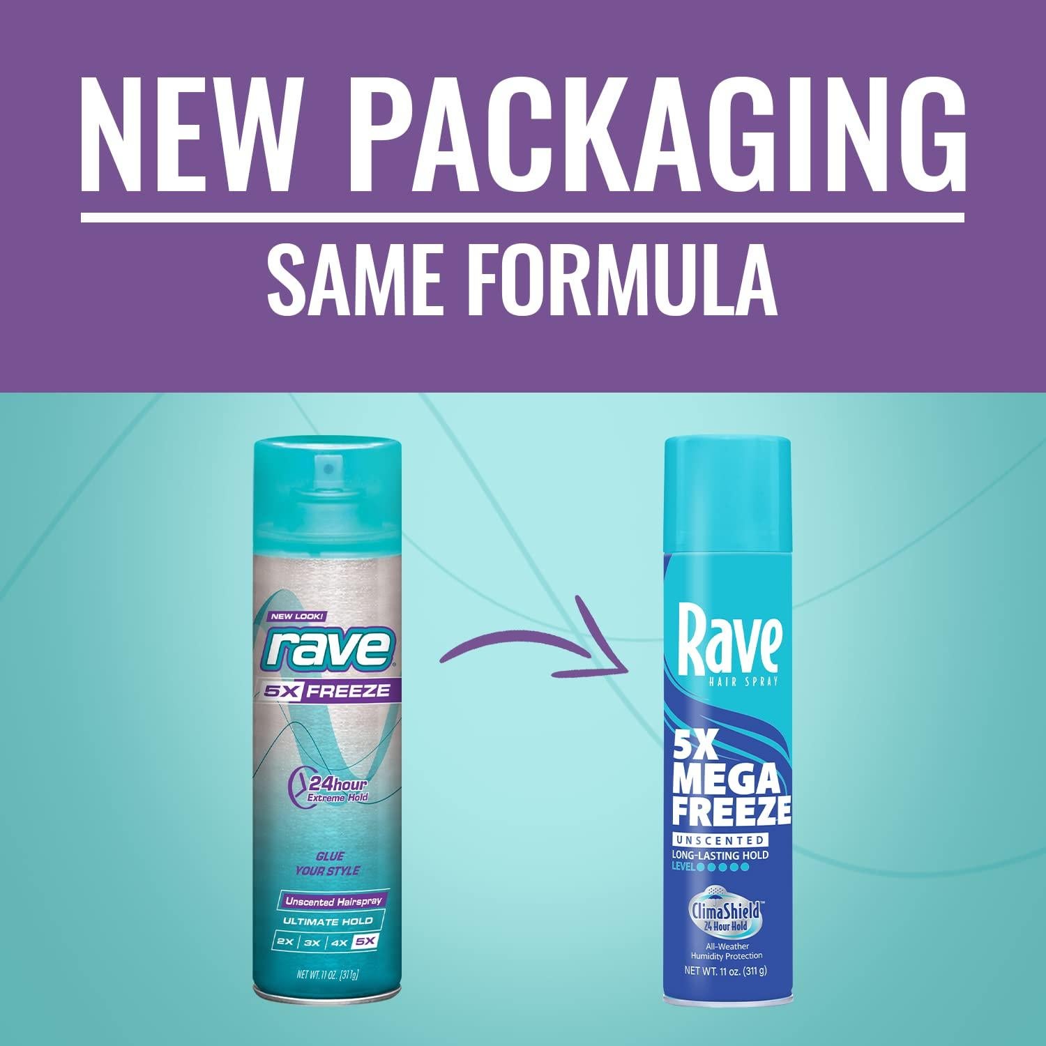 Unscented Aerosol Hairspray by Rave - 5X Freeze Hair Spray for Heat Protection, Volume and Shine - ClimaShield for Extra Humidity and Long Lasting Firm Hold - Minimizes Frizz and Static