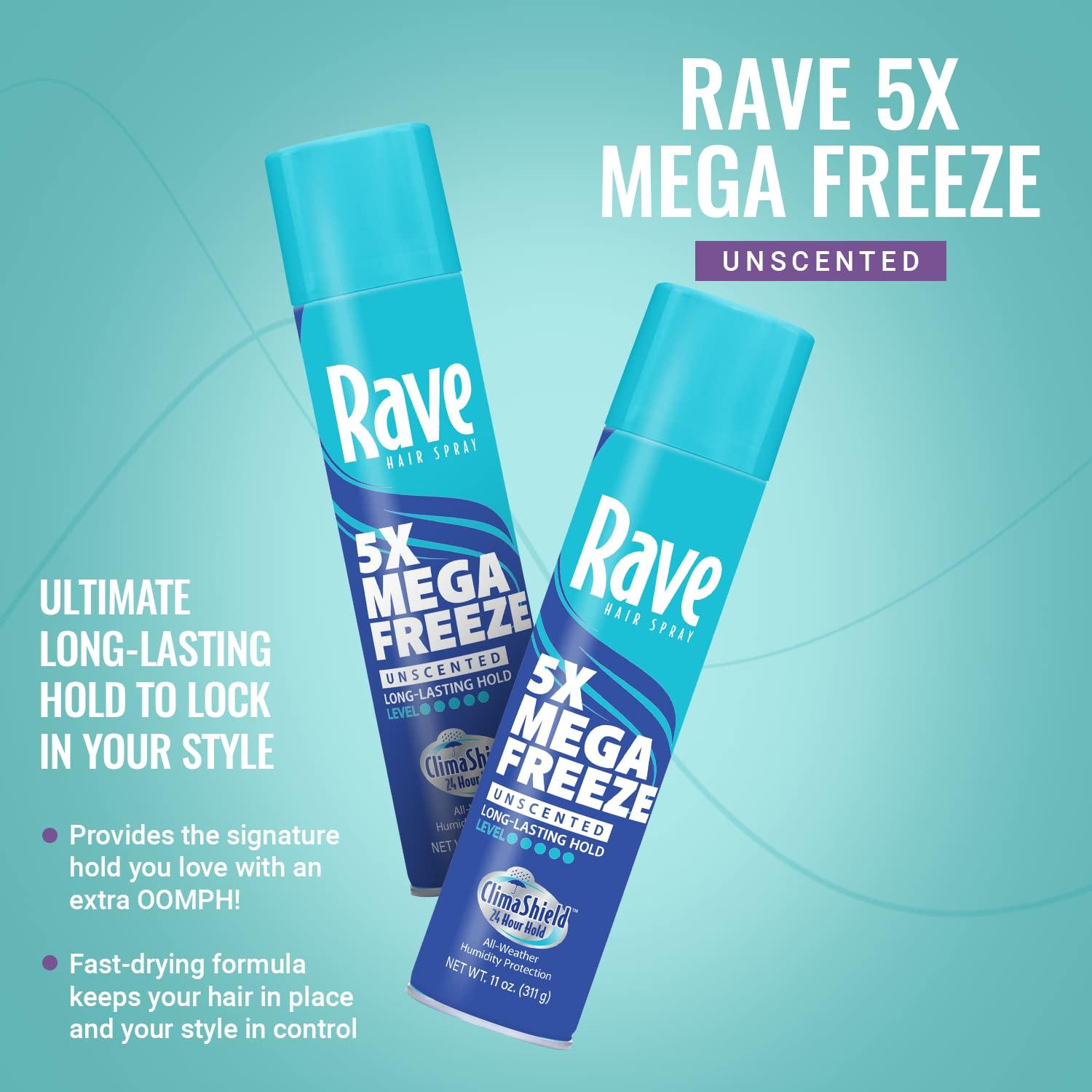 Unscented Aerosol Hairspray by Rave - 5X Freeze Hair Spray for Heat Protection, Volume and Shine - ClimaShield for Extra Humidity and Long Lasting Firm Hold - Minimizes Frizz and Static