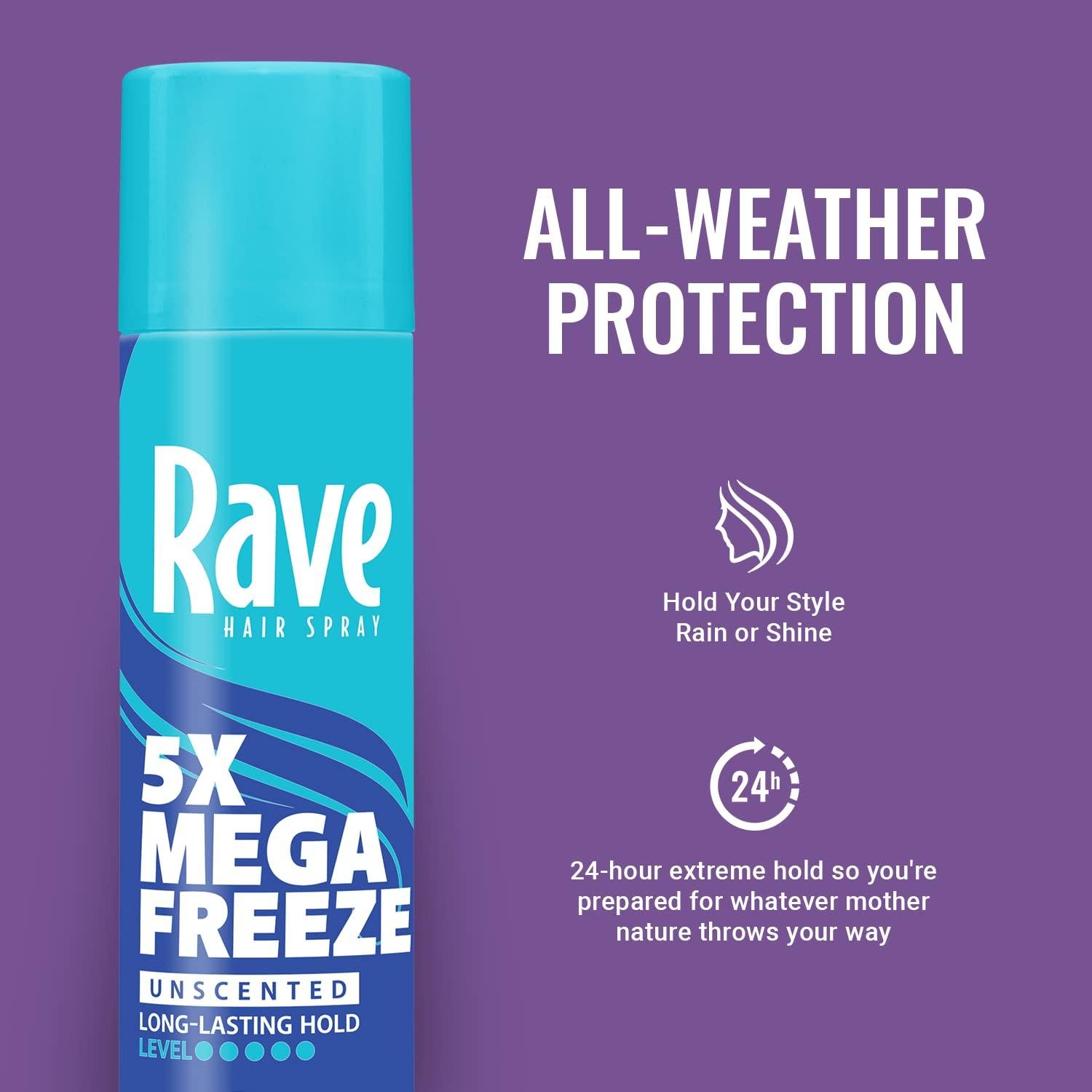 Unscented Aerosol Hairspray by Rave - 5X Freeze Hair Spray for Heat Protection, Volume and Shine - ClimaShield for Extra Humidity and Long Lasting Firm Hold - Minimizes Frizz and Static
