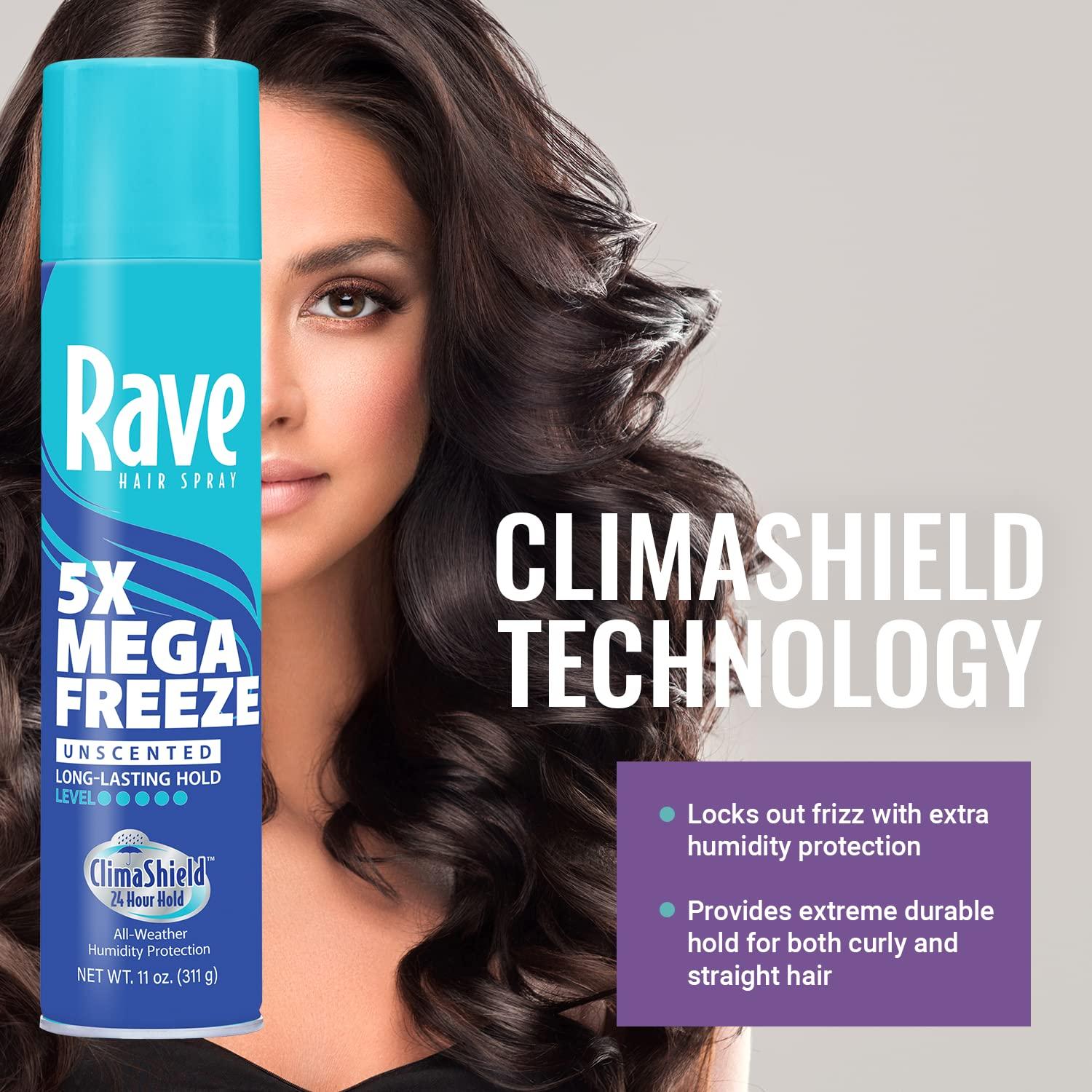 Unscented Aerosol Hairspray by Rave - 5X Freeze Hair Spray for Heat Protection, Volume and Shine - ClimaShield for Extra Humidity and Long Lasting Firm Hold - Minimizes Frizz and Static