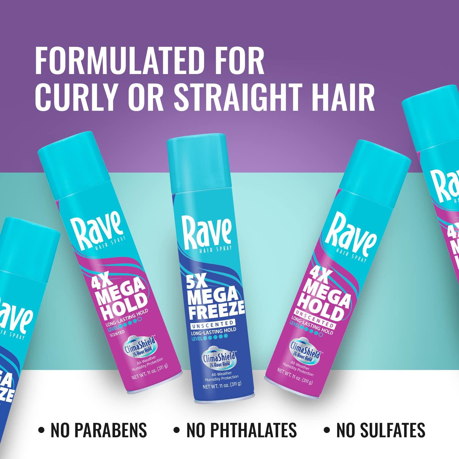 Unscented Aerosol Hairspray by Rave - 5X Freeze Hair Spray for Heat Protection, Volume and Shine - ClimaShield for Extra Humidity and Long Lasting Firm Hold - Minimizes Frizz and Static