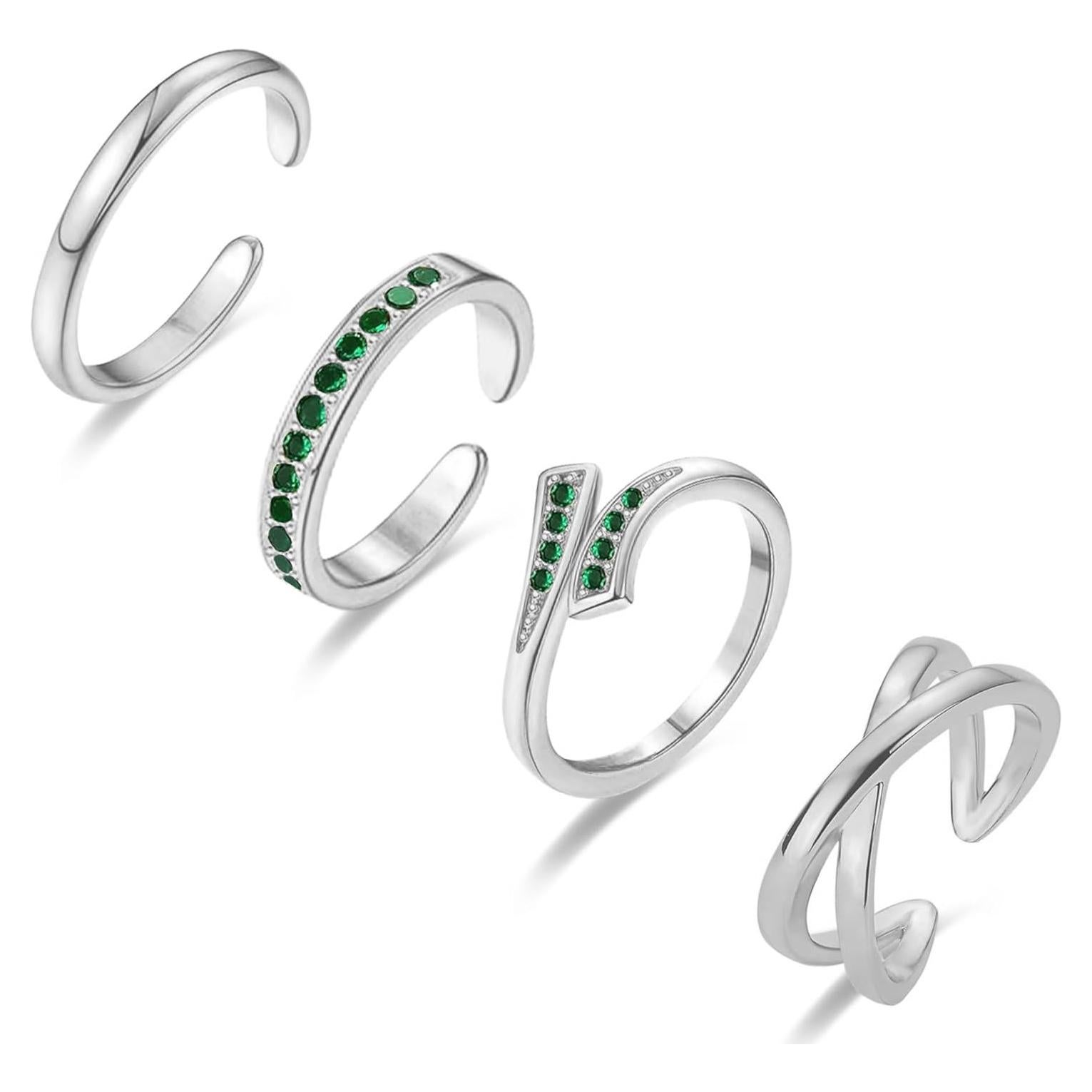 Juego de 4 Anillos Ajustables de Plata 925 para Mujeres