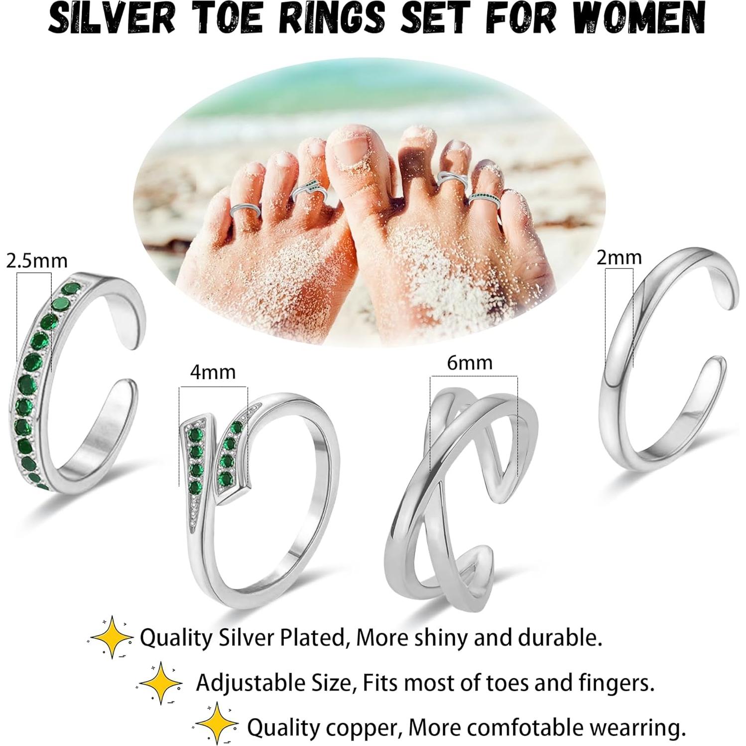 Juego de 4 Anillos Ajustables de Plata 925 para Mujeres