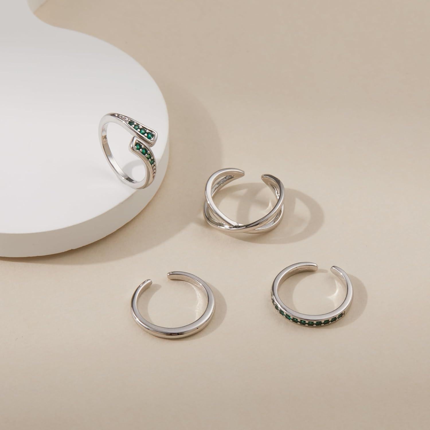 Juego de 4 Anillos Ajustables de Plata 925 para Mujeres