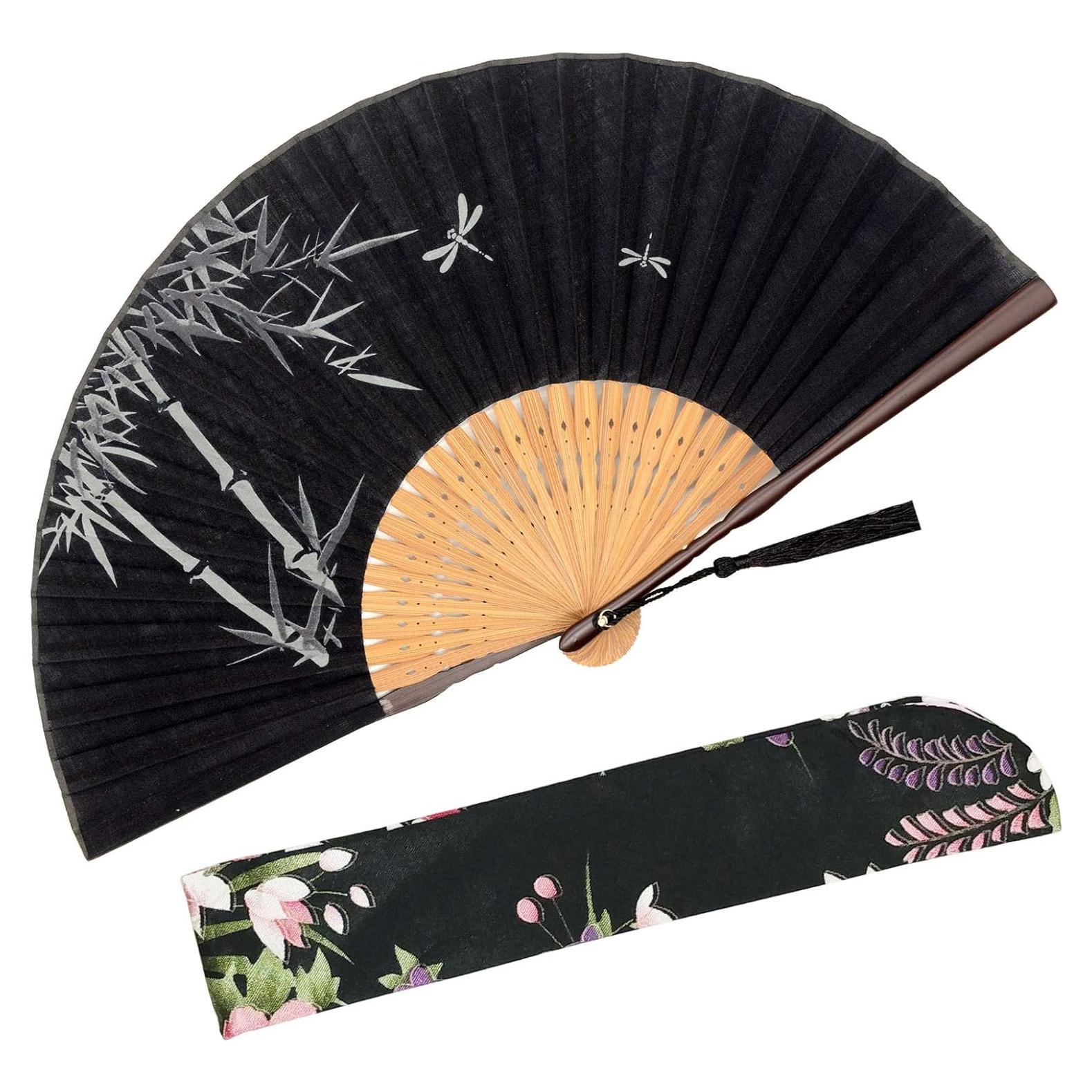 Abanico Plegable Zolee de Bambú y Seda - Bosque Negro 21x38cm