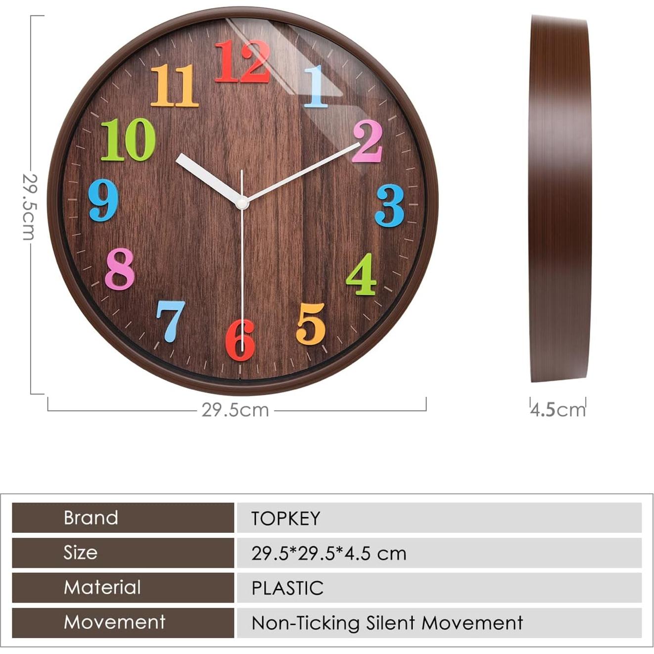 Reloj de Pared Silencioso Topkey 30cm Redondo para Niños