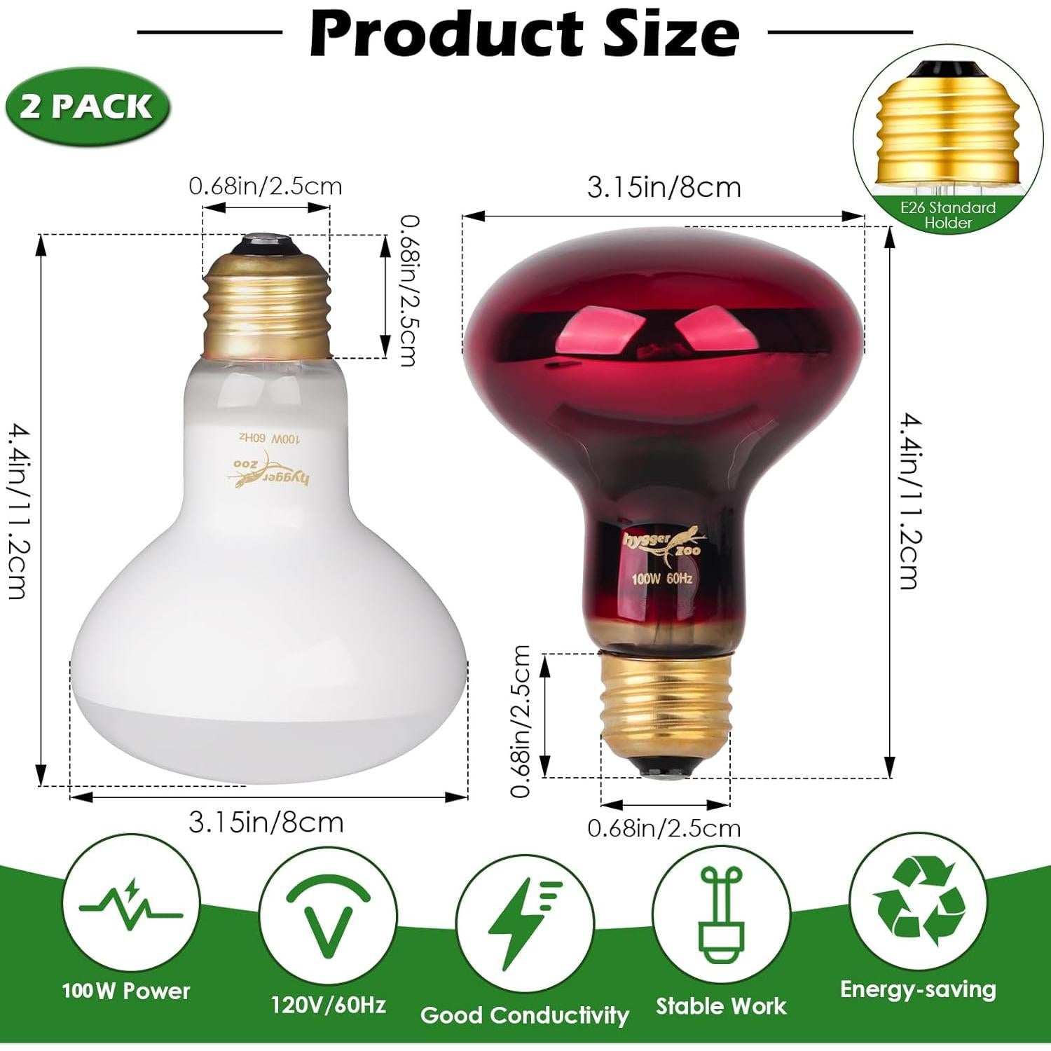 Bombillas de Calor Infrarrojo 75W Hygger Zoo para Reptiles 2PCS