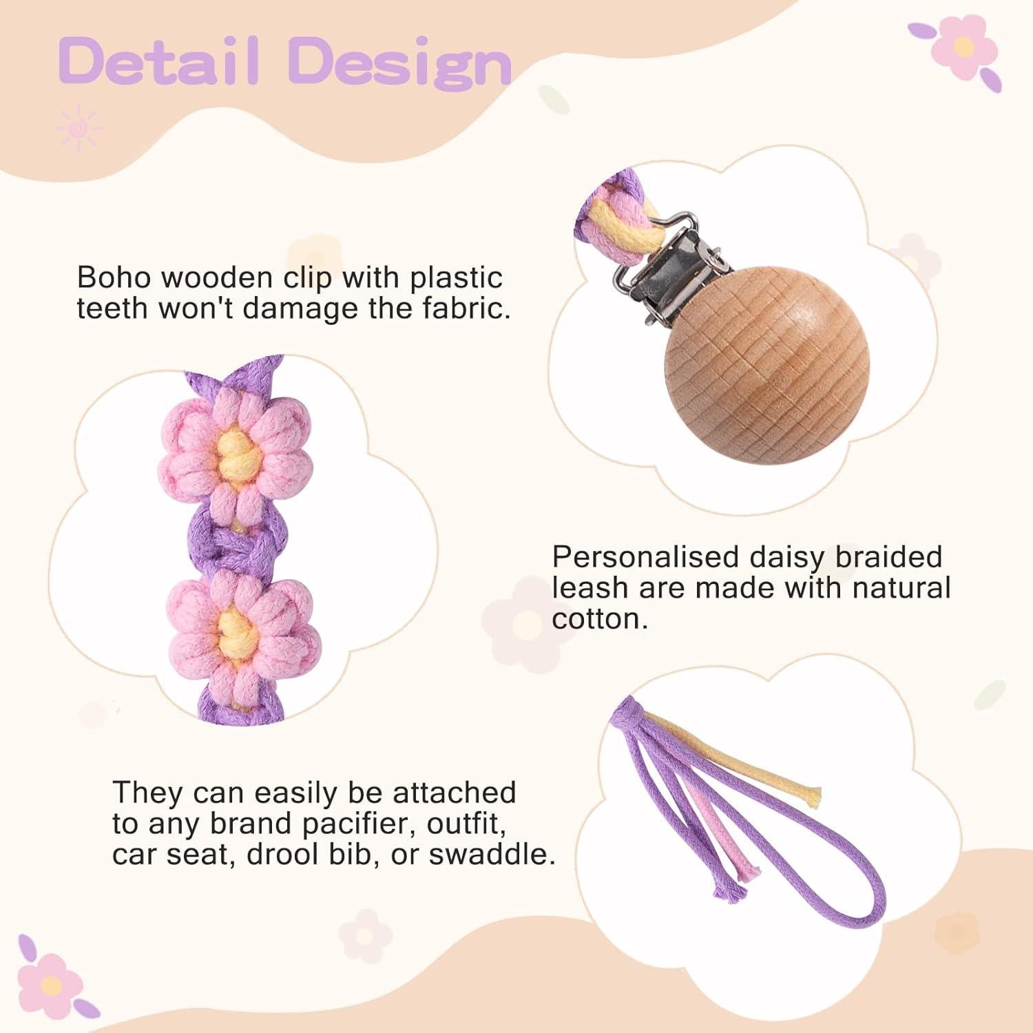 Clip de Chupete Floral Margarita Macrame Unisex Hecho a Mano