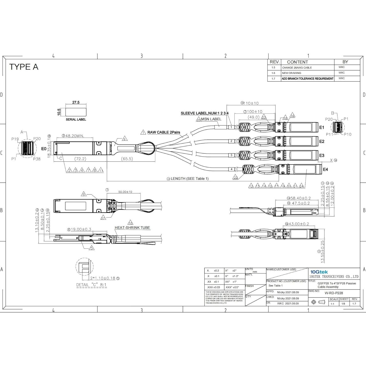 Cable de Cobre Twinax Pasivo 10Gtek 100G a 4x 25G SFP28 0.5m