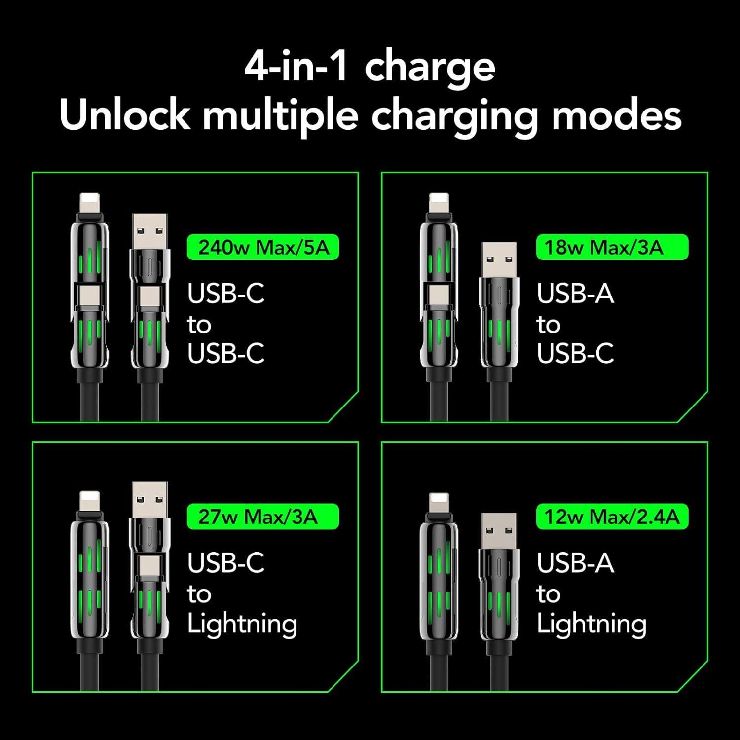 Cable de Carga Rápida 4-en-1 MFish 1.52m USB-C Lightning