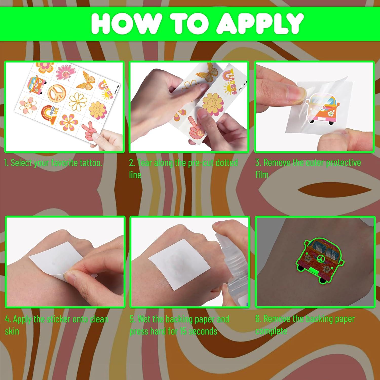 Tatuajes Temporales Pre-Cortados 96 PCS 60s 70s Hippie 91TATTOOS