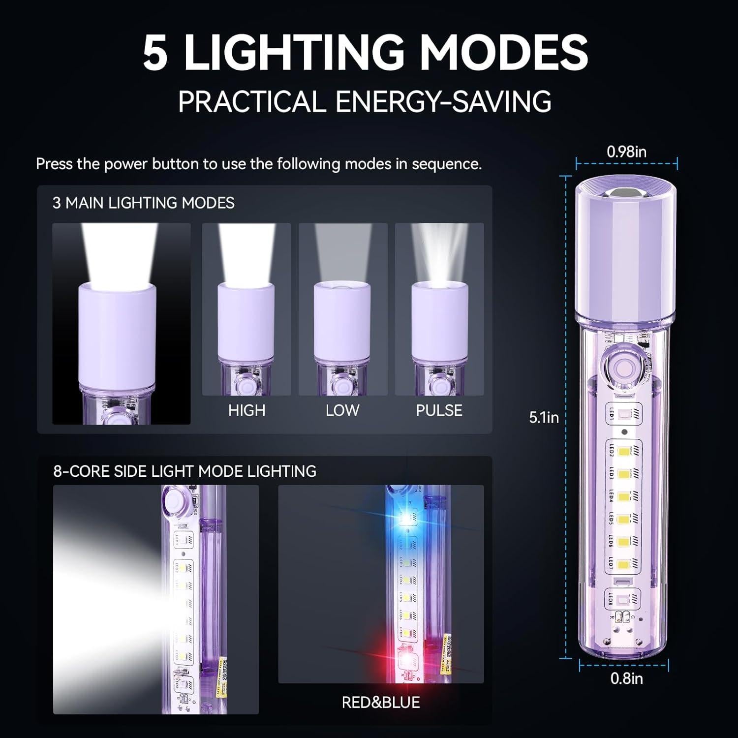 Linterna LED VAVOFO Morada Recargable USB-C Impermeable 3 Modos