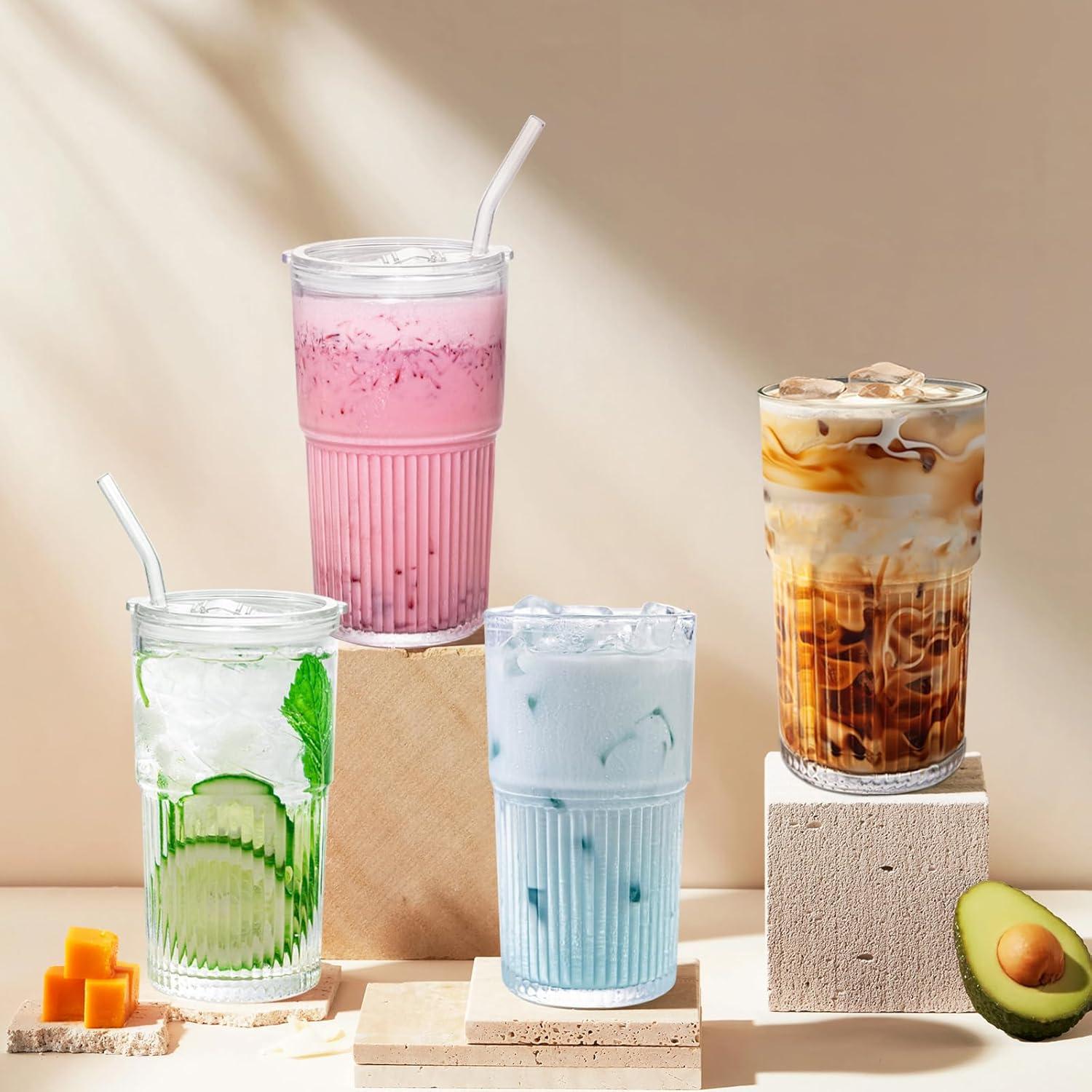 Set de 2 Tazas de Vidrio 550ml Luiaiog con Tapas y Popotes