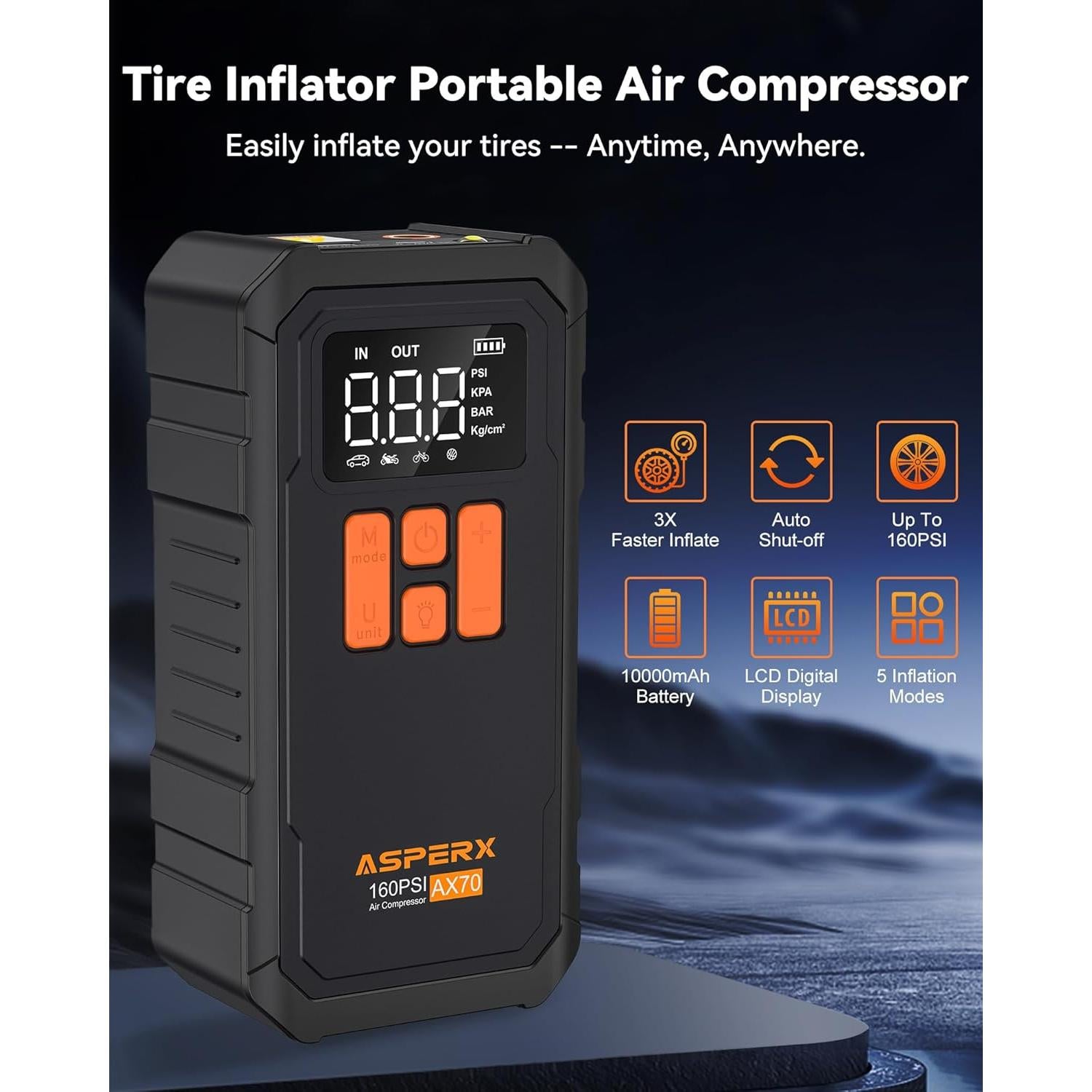 Compresor de Aire Portátil AsperX 160 PSI Batería 10000mAh