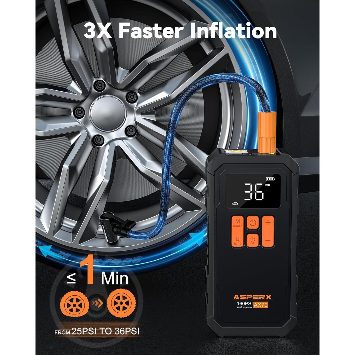 Compresor de Aire Portátil AsperX 160 PSI Batería 10000mAh
