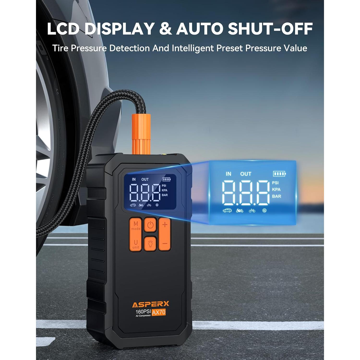 Compresor de Aire Portátil AsperX 160 PSI Batería 10000mAh