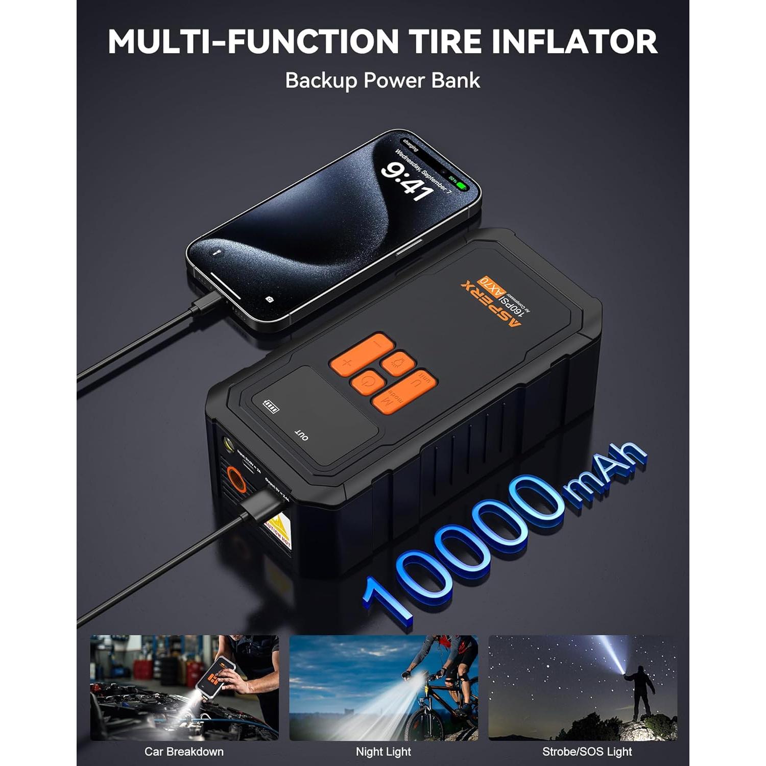 Compresor de Aire Portátil AsperX 160 PSI Batería 10000mAh