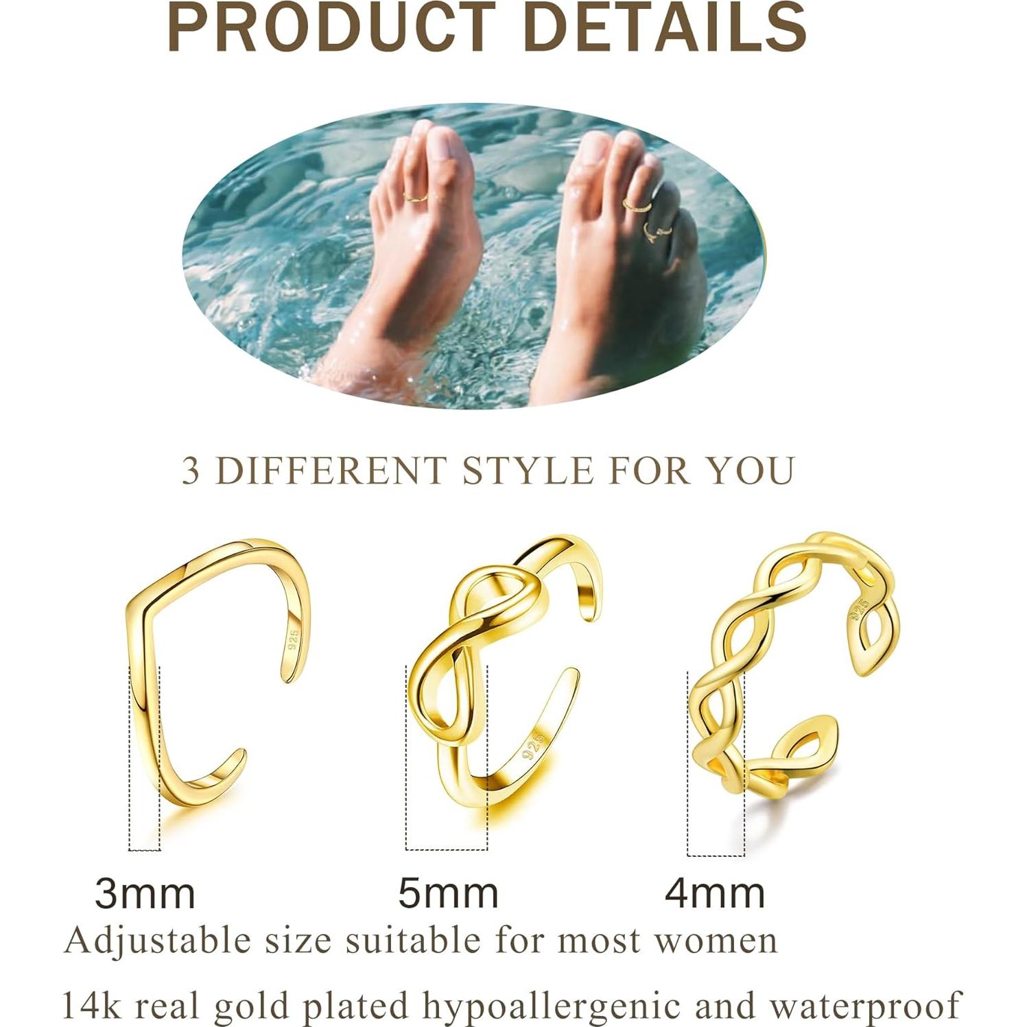 Conjunto de 3 Anillos Ajustables de Oro 14K para Mujeres