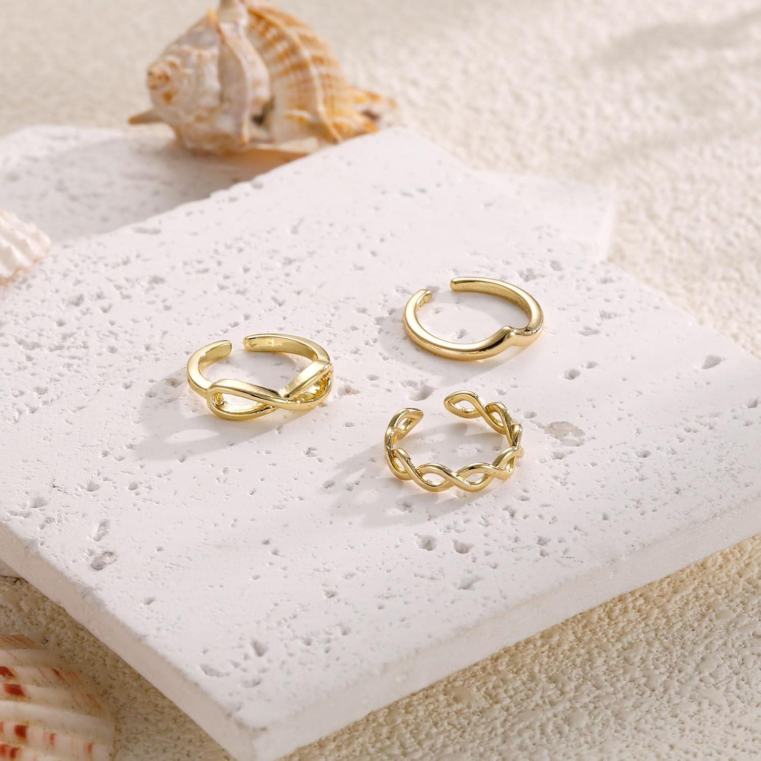 Conjunto de 3 Anillos Ajustables de Oro 14K para Mujeres