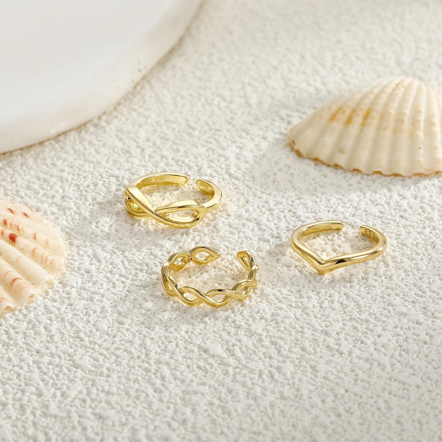 Conjunto de 3 Anillos Ajustables de Oro 14K para Mujeres