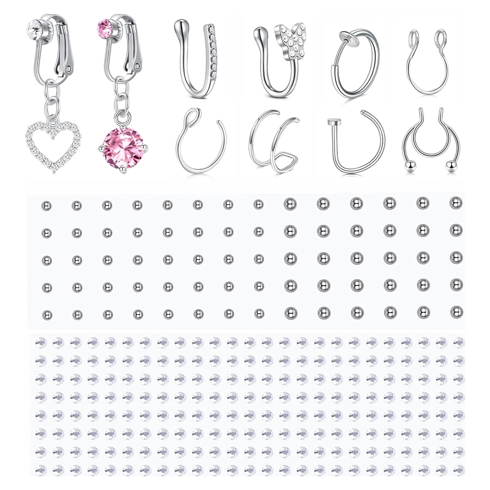 Falsos Piercings Adhesivos Longita - 450 Piezas para Nariz, Ceja y Labio