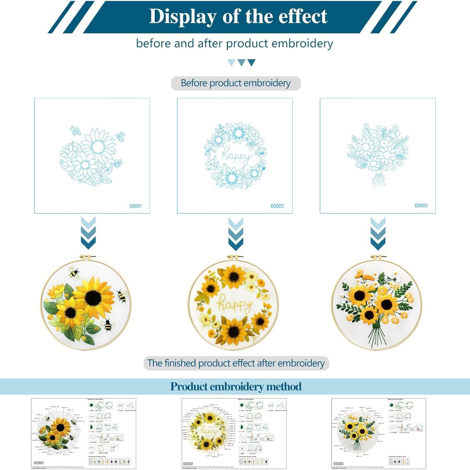 Kit de Bordado Zhenqing Girasol 3 Diseños 29x29cm para Principiantes