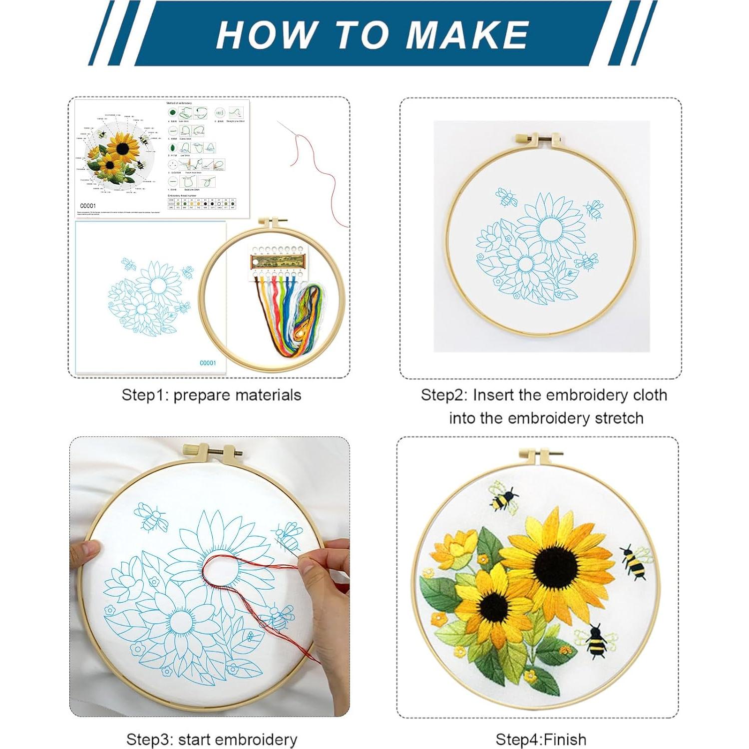 Kit de Bordado Zhenqing Girasol 3 Diseños 29x29cm para Principiantes