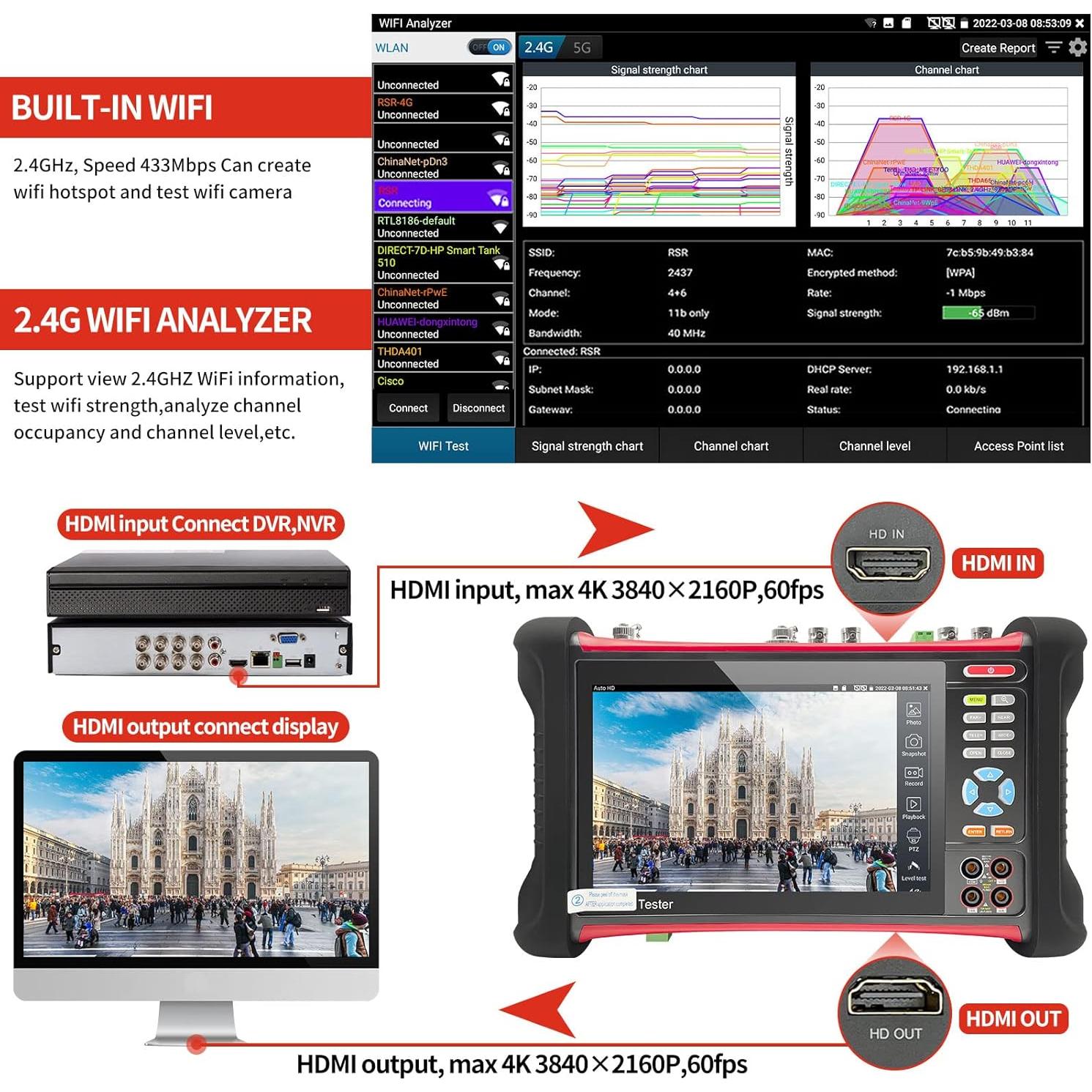 Probador de CCTV Rsrteng X7-MOVTADHS 8K Herramienta de Red